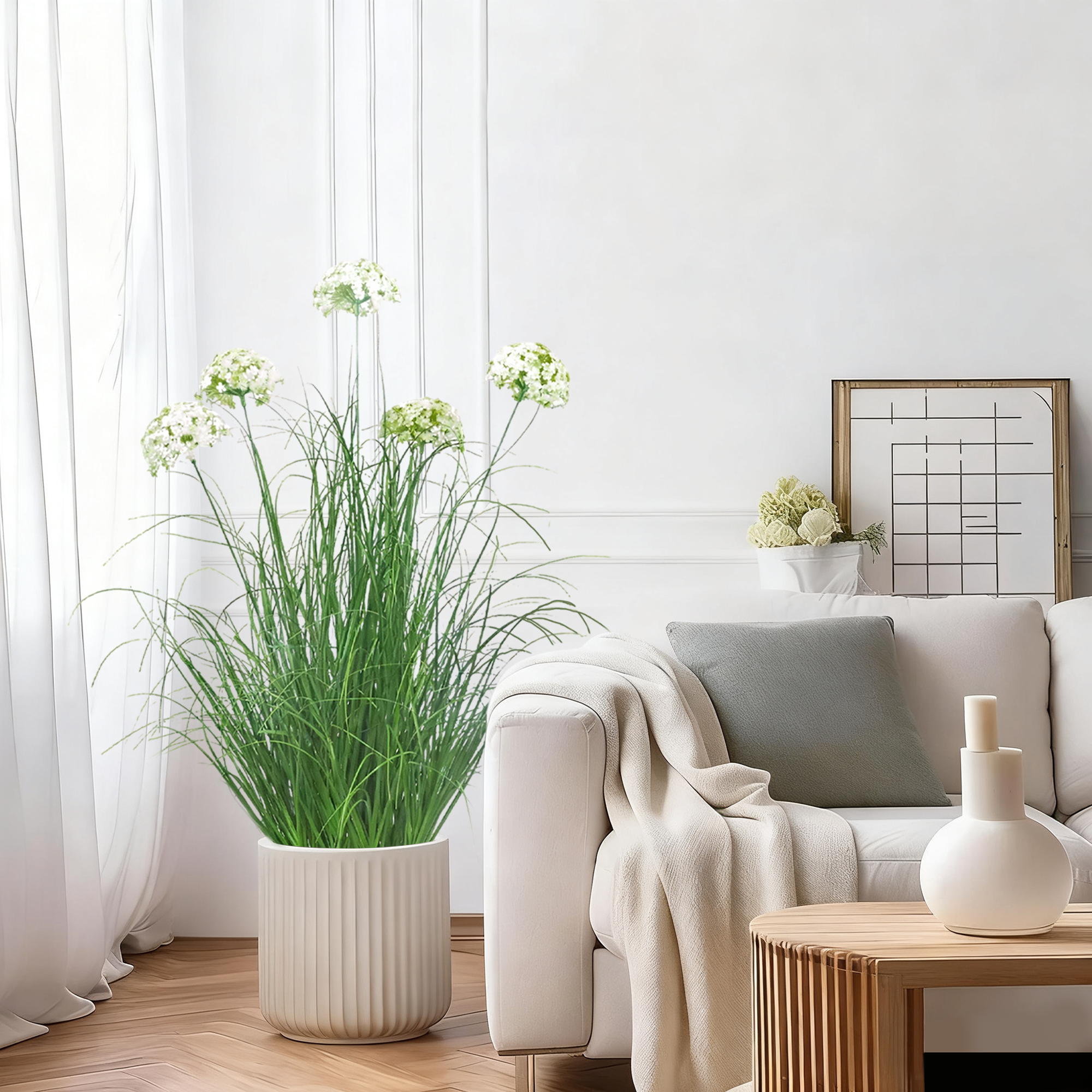 Künstliche Hortensie mit 5 Köpfen und gebogenem Zwiebelgras-Bonsai, 19 cm hoch