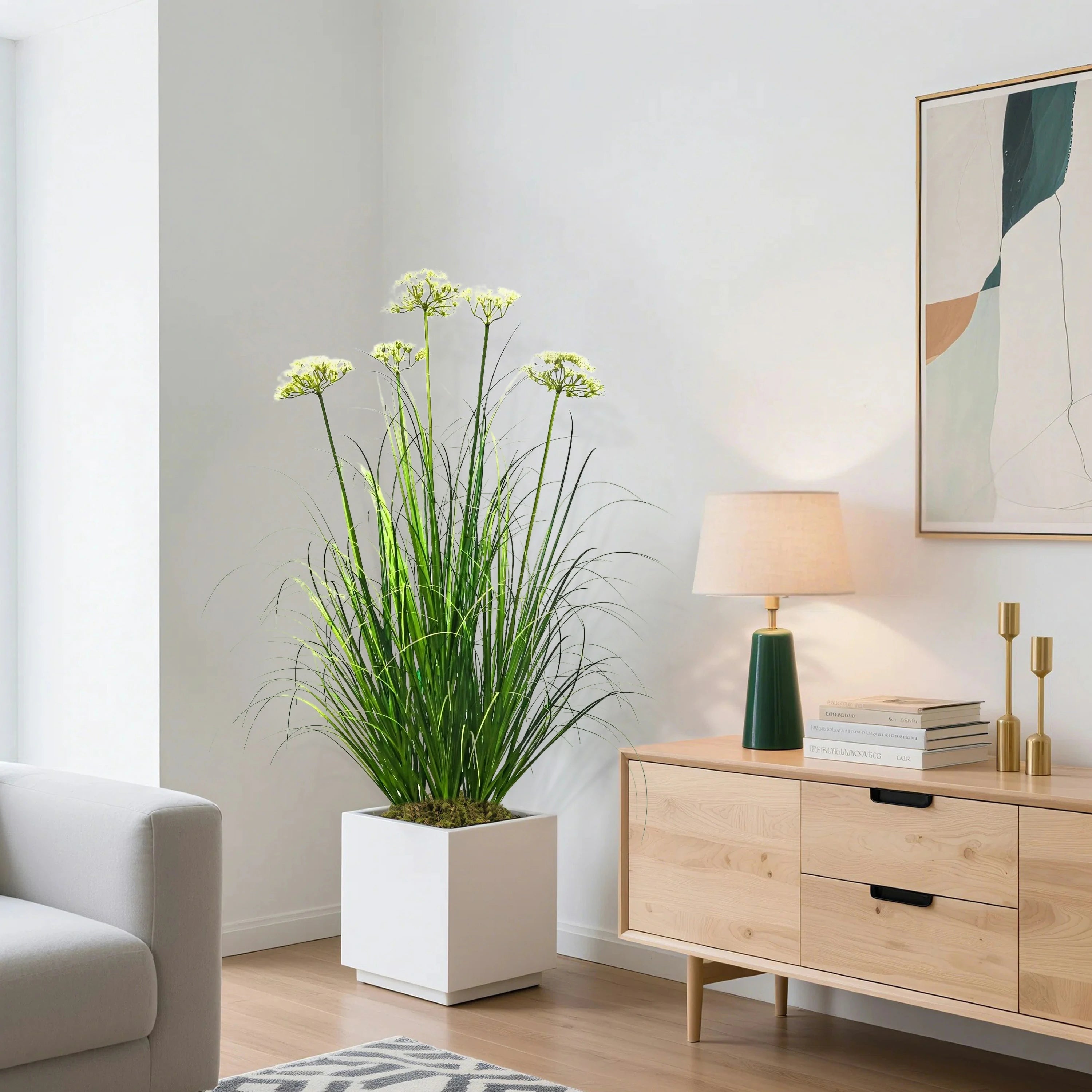 Artificial 5-Head Lace Flower with Curved Onion Grass Bonsai 43"H