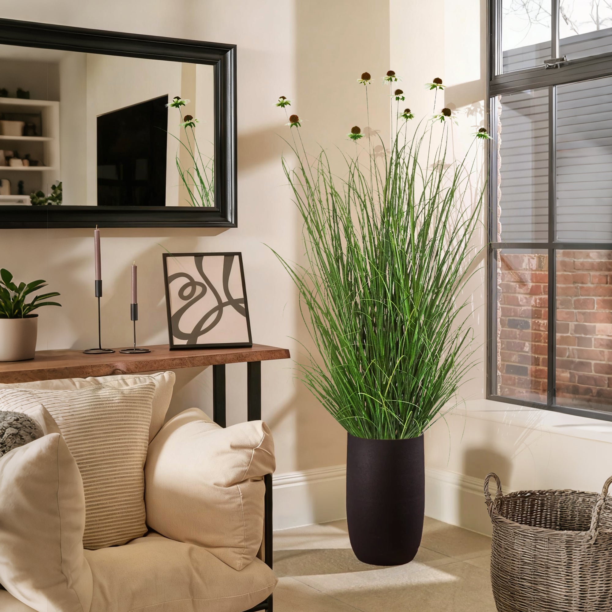 Artificial 10-Head Chrysanthemum with Curved Onion Grass Bonsai 67"H