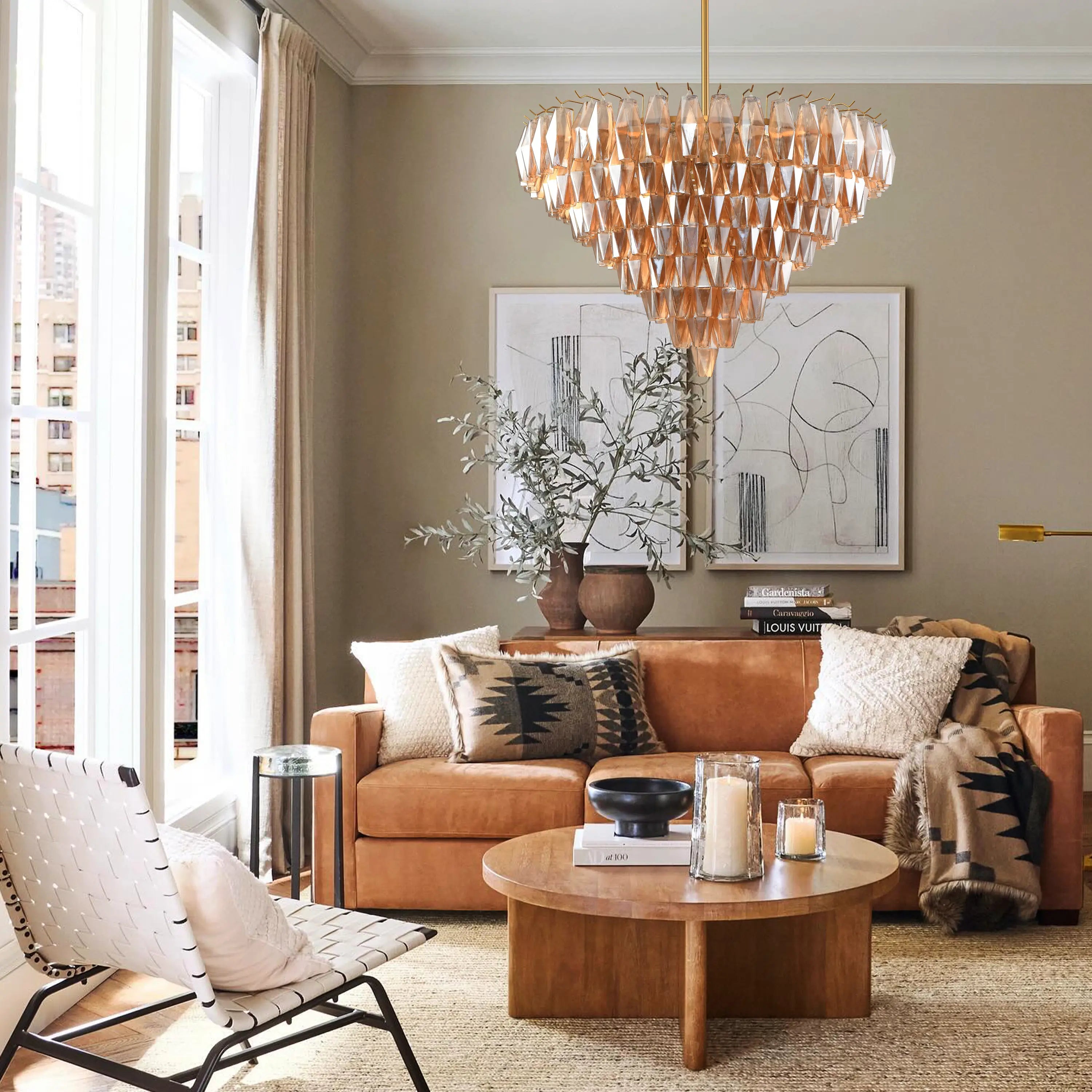 Celestial Drop Round Crystal Glass Chandelier 36"D#Finish_Gold