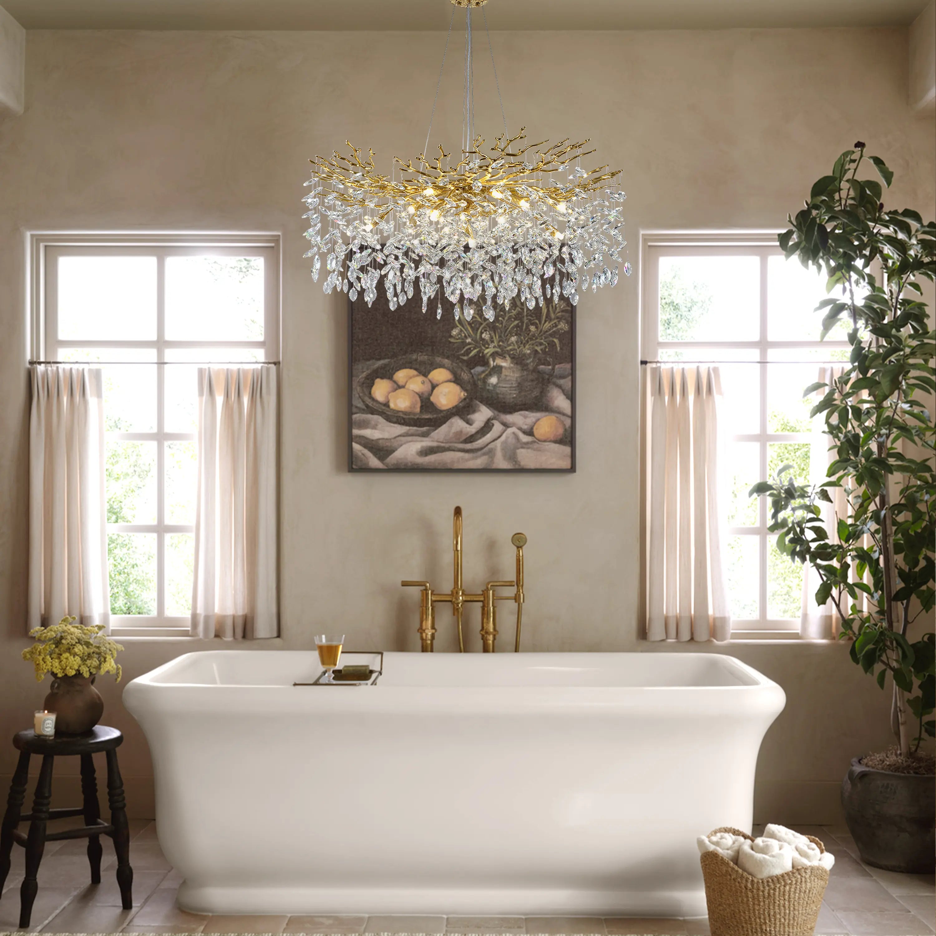 Frostleaf Crystal Cascade Branch Round Chandelier 40"D#Finish_Gold