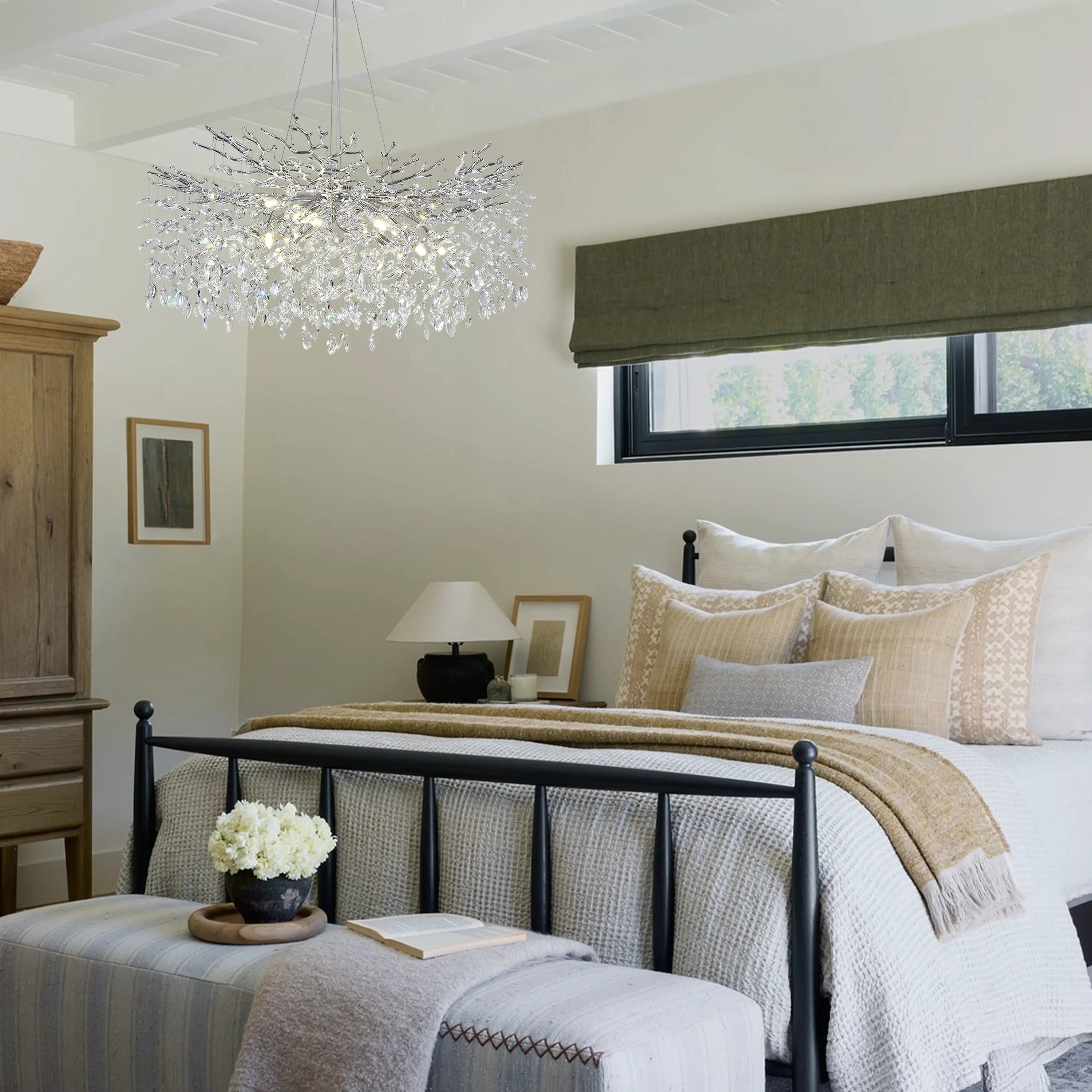 Frostleaf Crystal Cascade Branch Round Chandelier 40"D#Finish_Silver