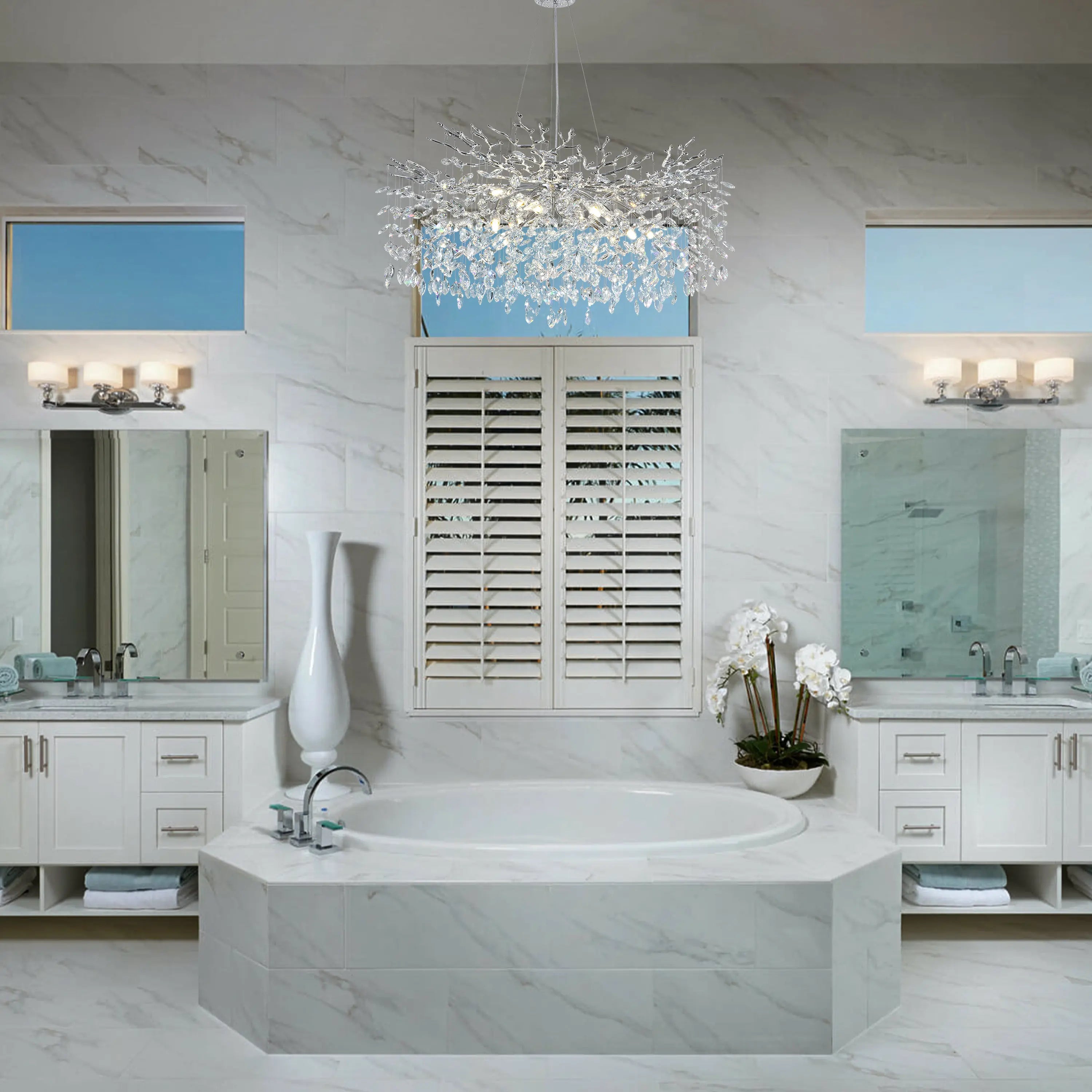 Frostleaf Crystal Cascade Branch Round Chandelier 40"D#Finish_Silver