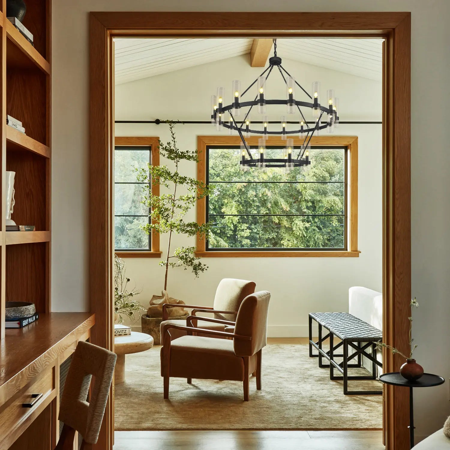 Cylora Glass Tube 2-Tier Round Chandelier 48"D#Finish_Black