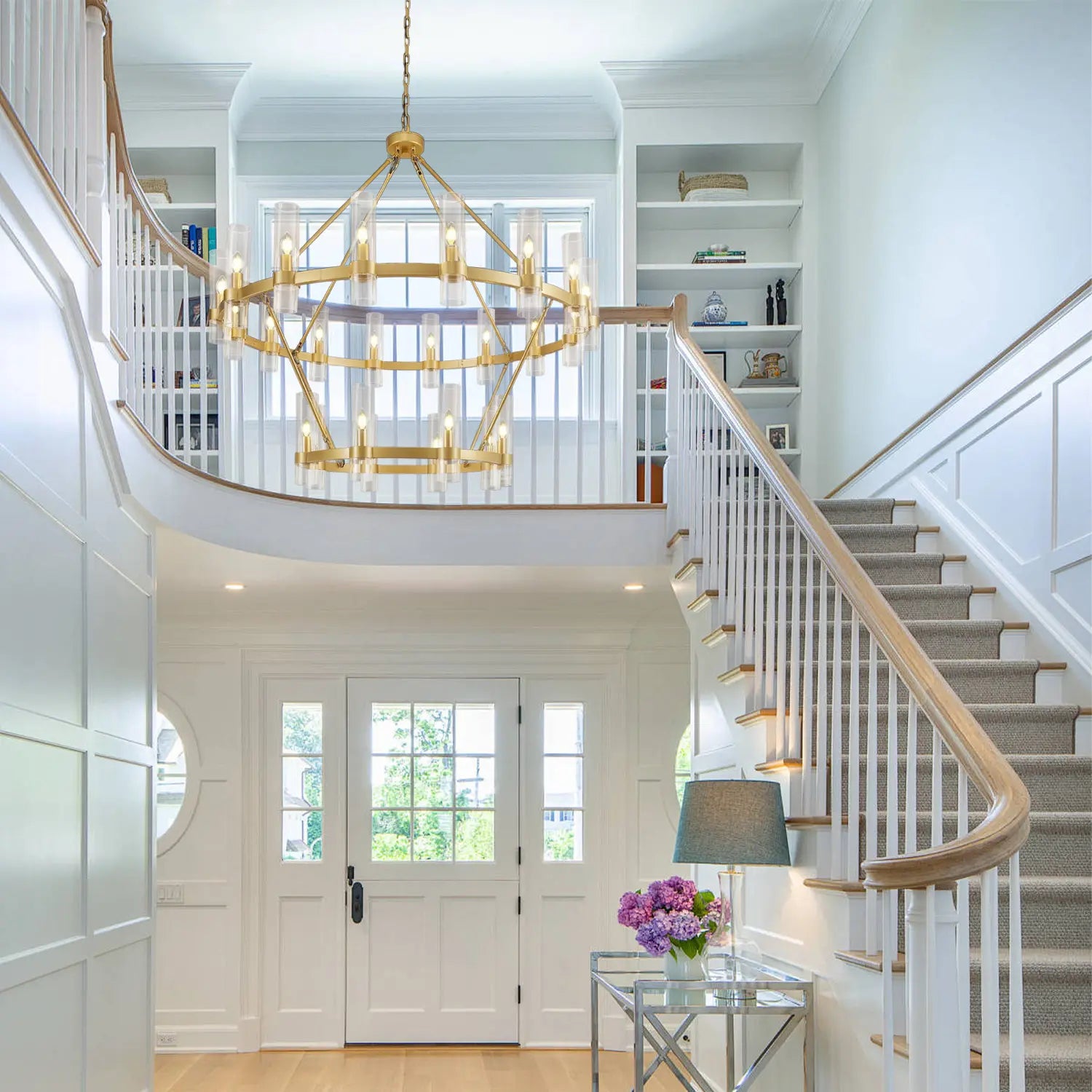 Cylora Glass Tube 2-Tier Round Chandelier 48"D#Finish_Gold