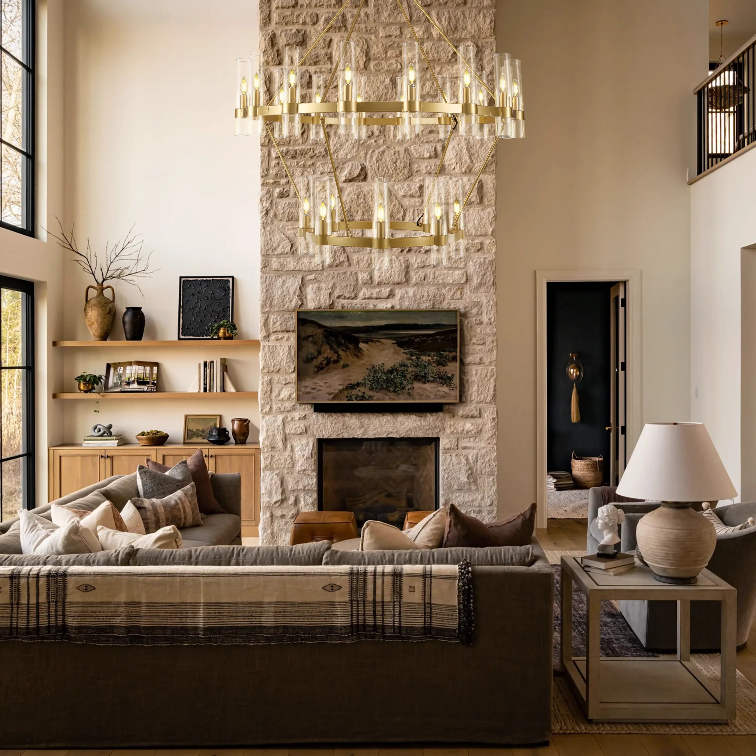 Cylora Glass Tube 2-Tier Round Chandelier 48"D#Finish_Gold