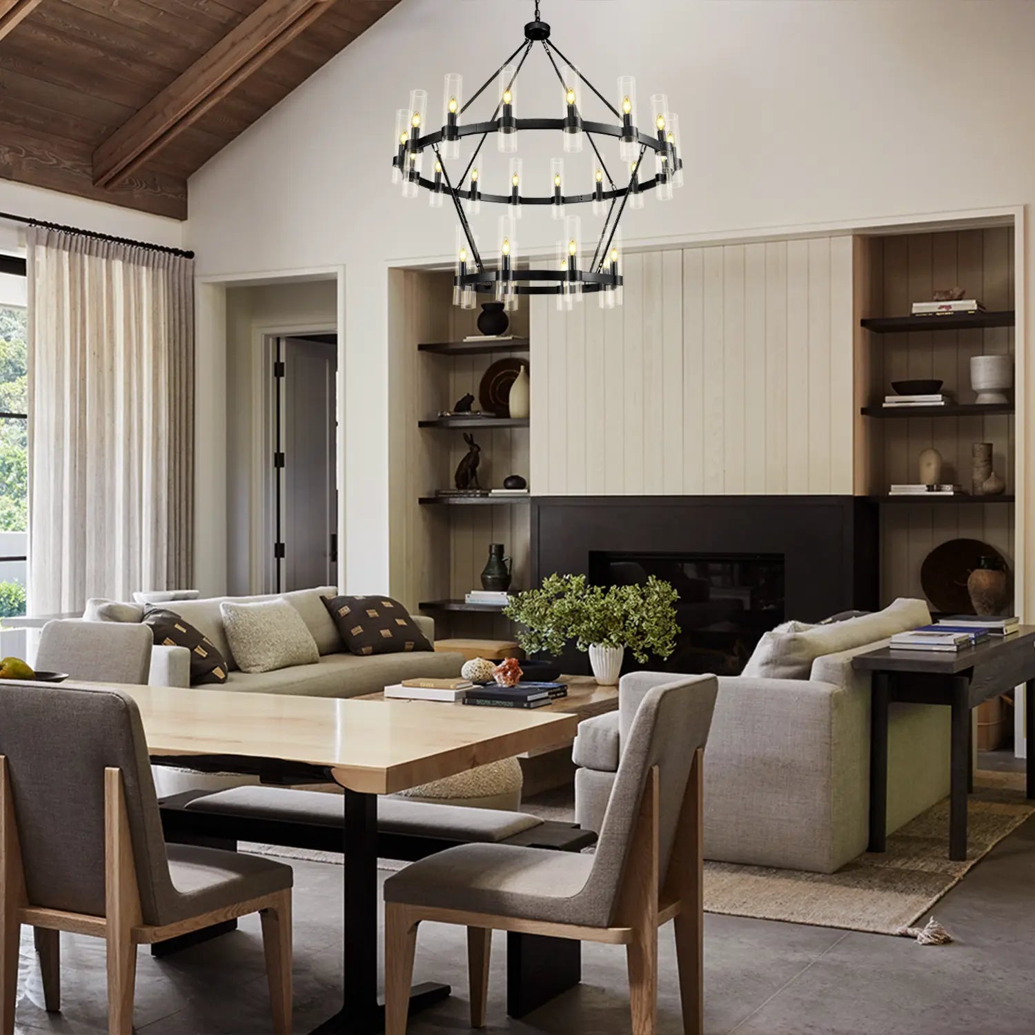 Cylora Glass Tube 2-Tier Round Chandelier 48"D#Finish_Black