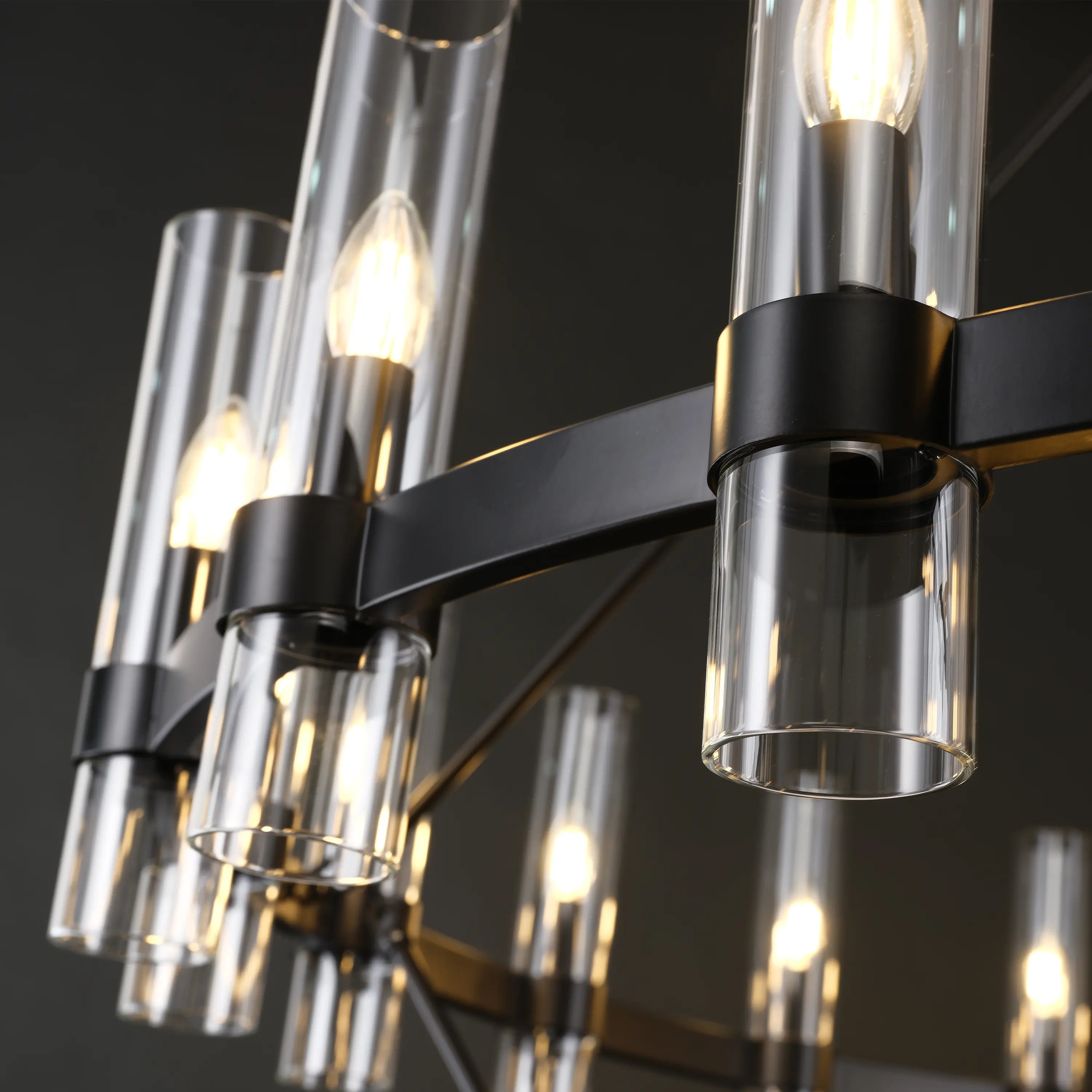 Cylora Glass Tube 2-Tier Round Chandelier 48"D#Finish_Black