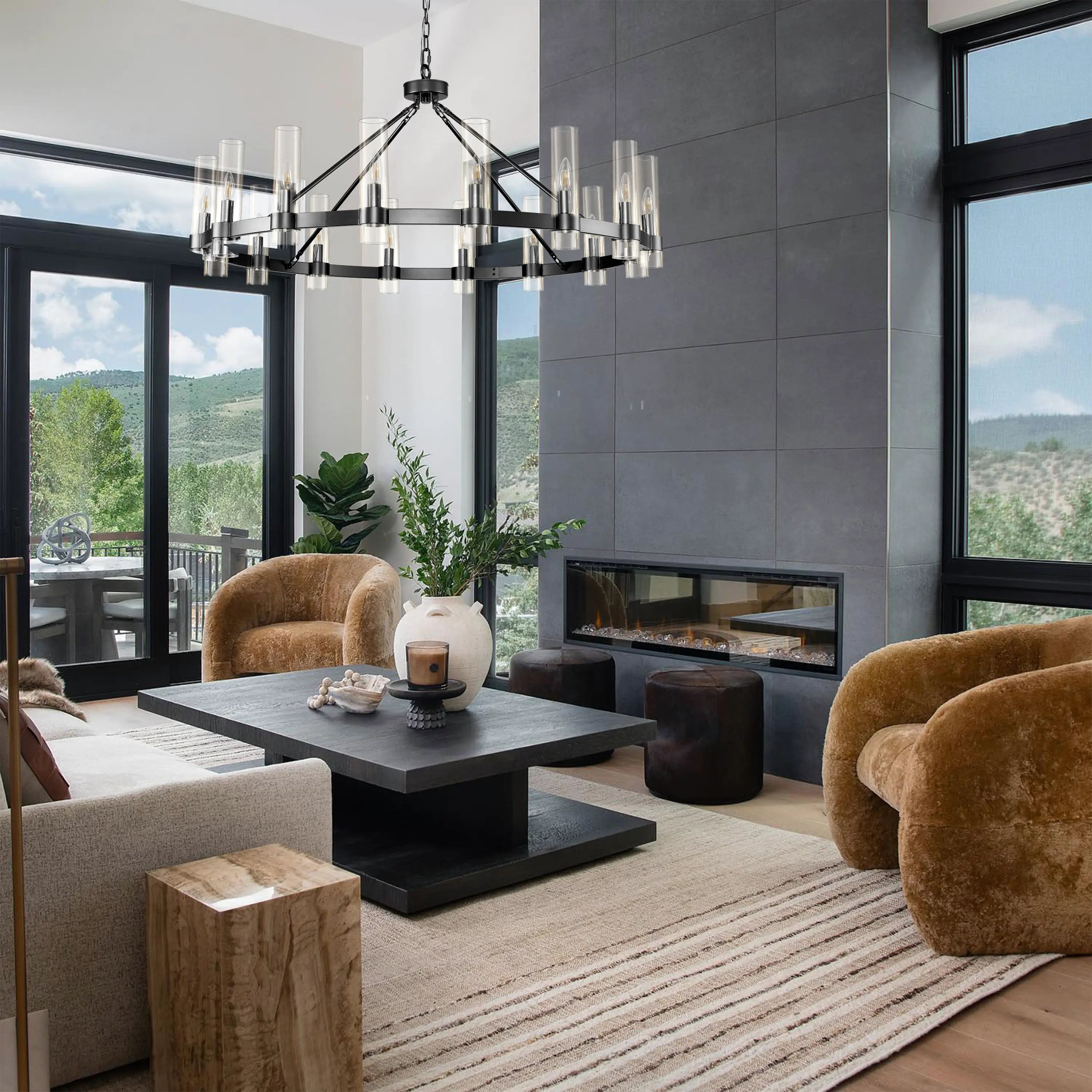 Cylora Glass Tube Round Chain Chandelier 48"D#Finish_Black