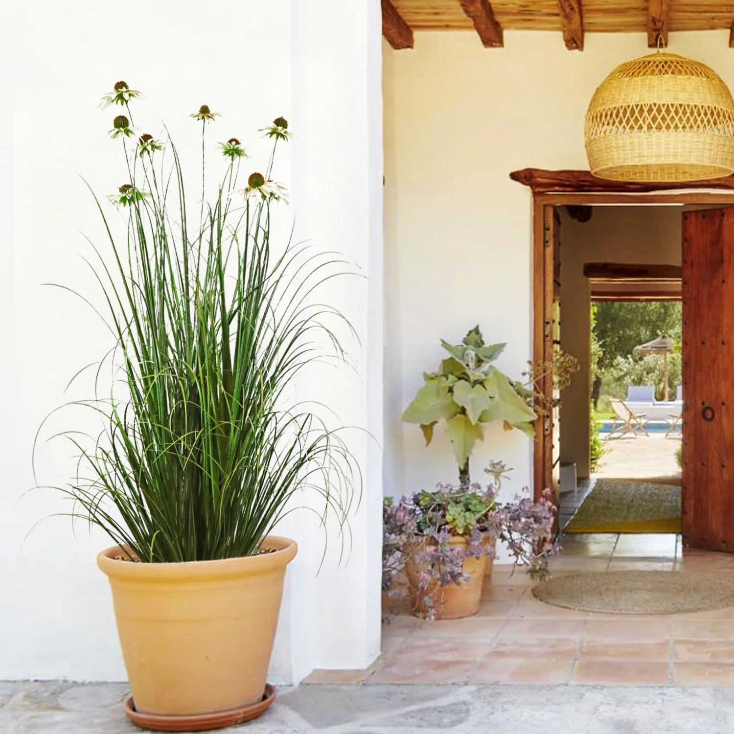 Artificial 9-Head Chrysanthemum with Curved Onion Grass Bonsai 55"H