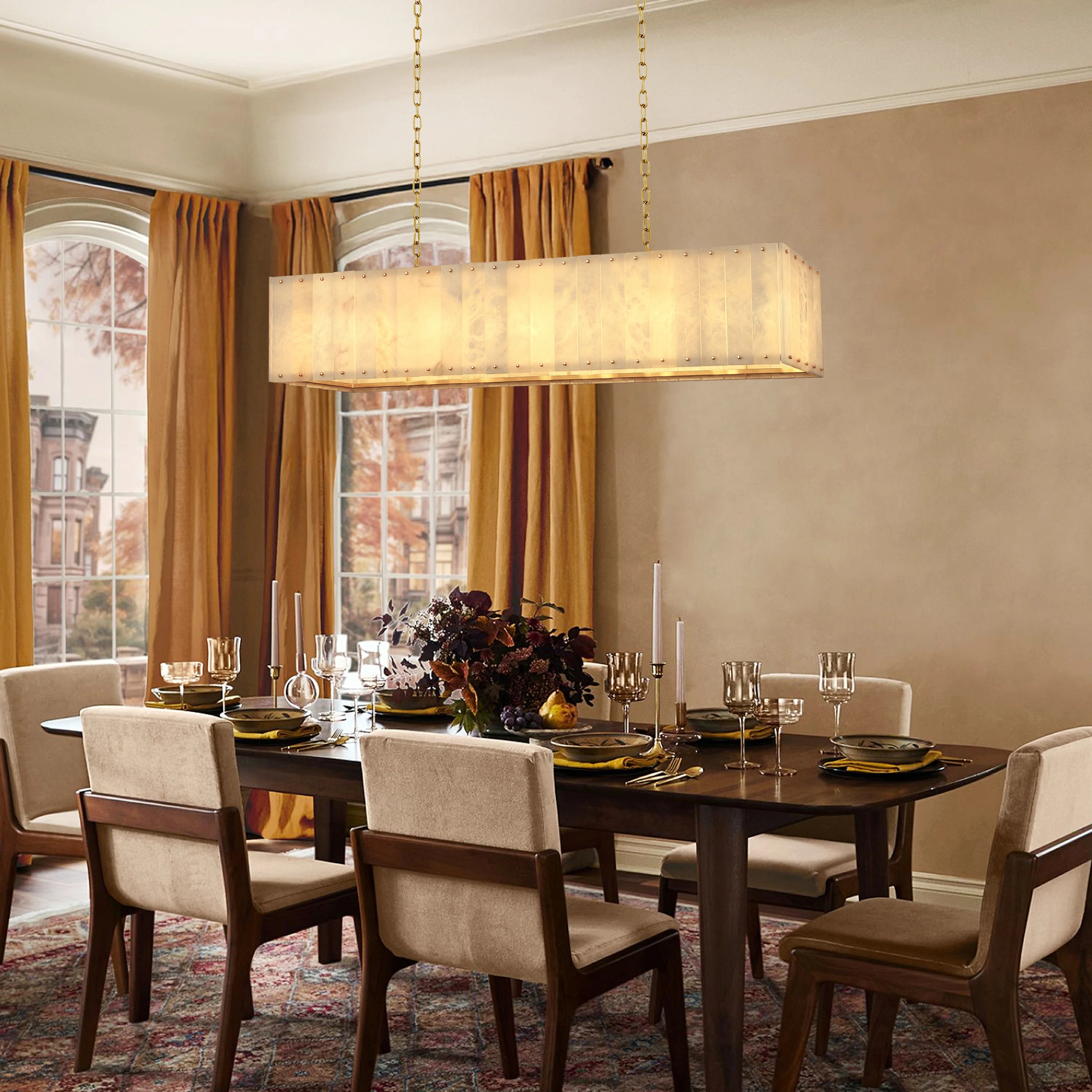 Nivislight Alabaster Rectangular Chandelier 55"#Finish_Gold