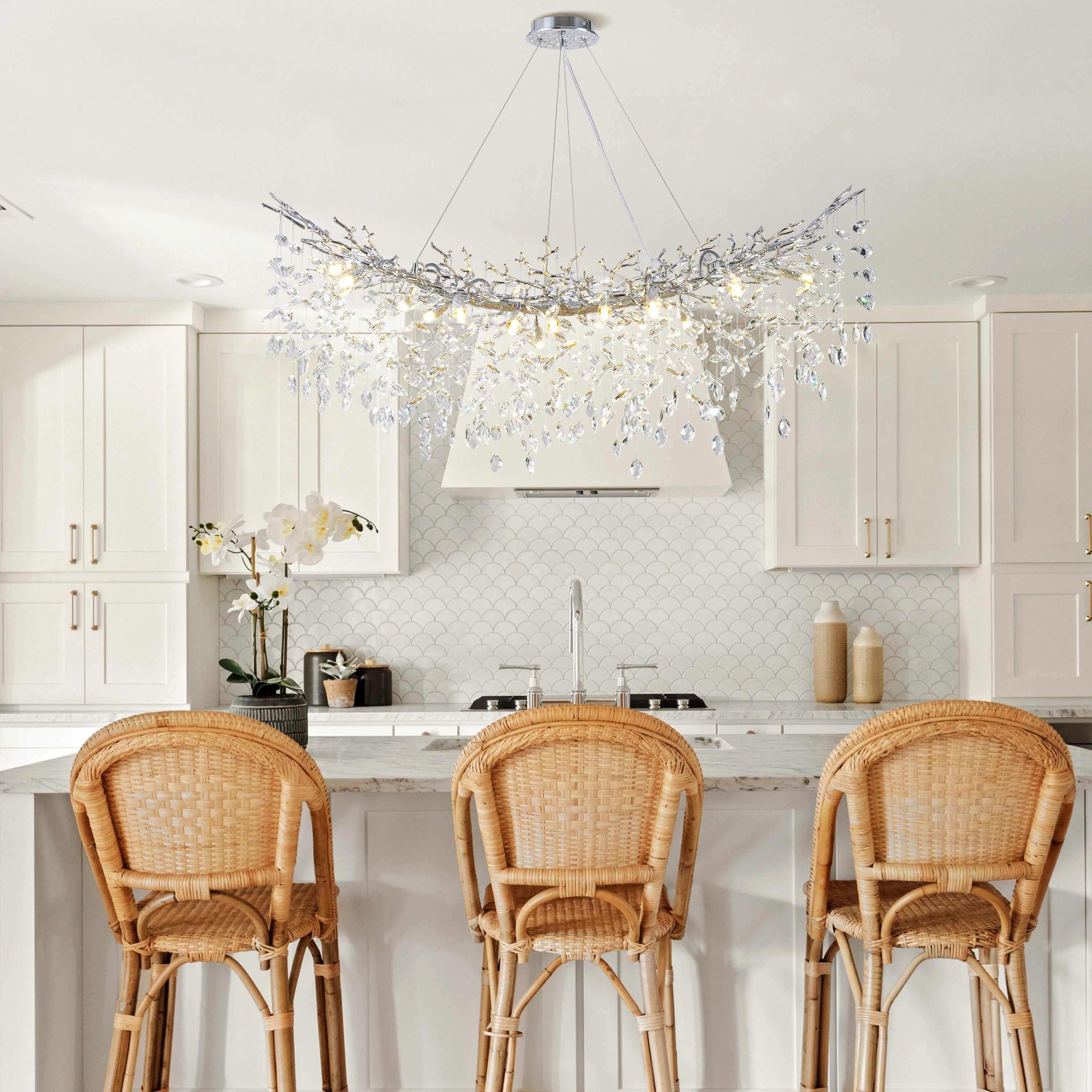 Frostleaf Kristall-Kaskaden-Baumzweig-Linear-Kronleuchter 55"