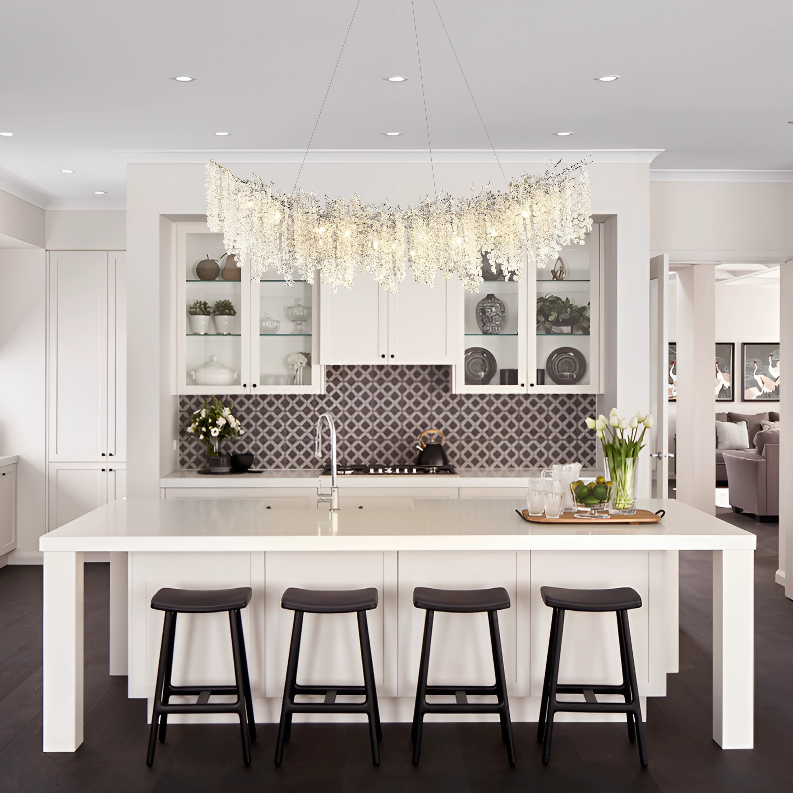 Shiro Noda Crystal Tree Branch Linear Chandelier 72"W#Finish_Silver