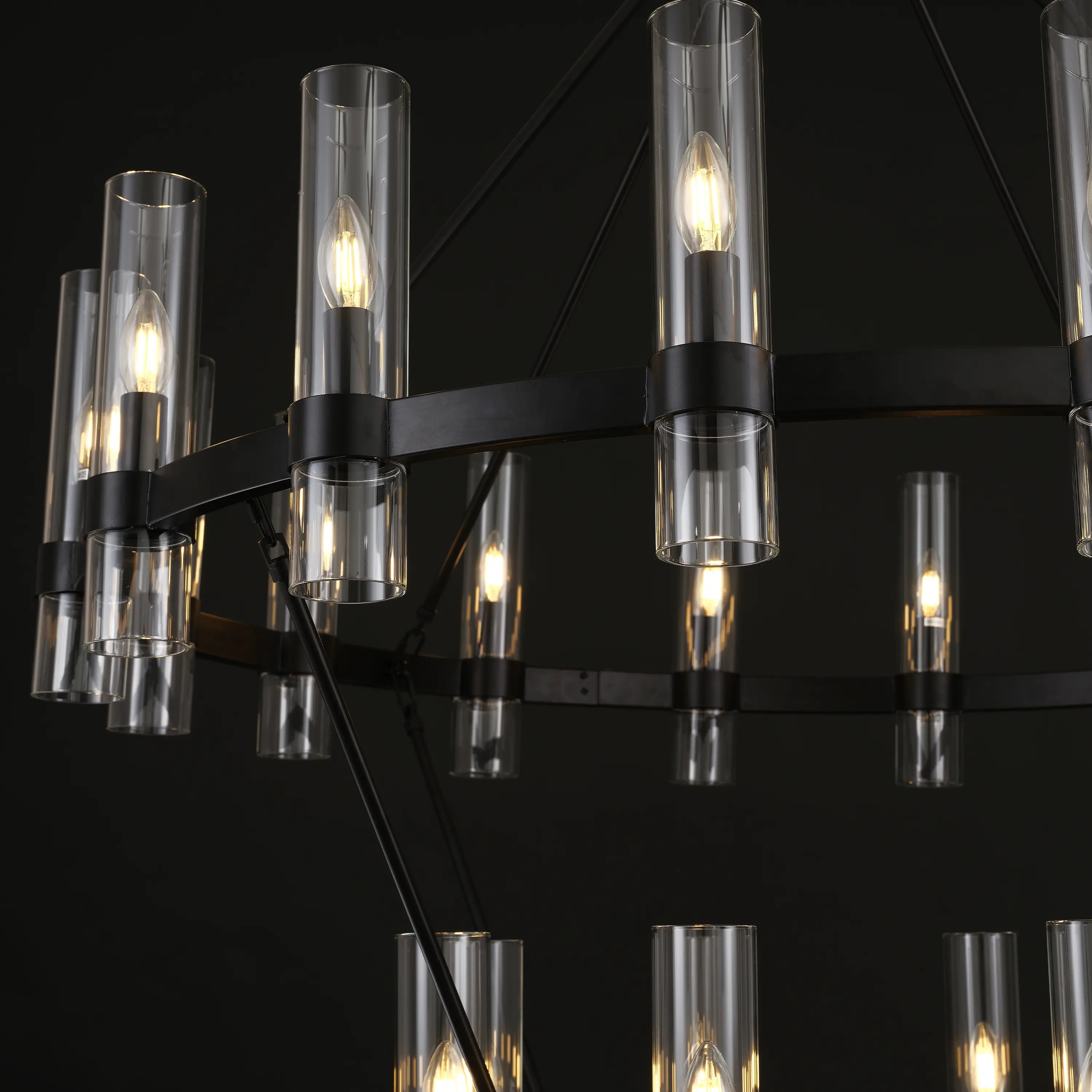 Cylora Glass Tube 2-Tier Round Chandelier 60"D#Finish_Black