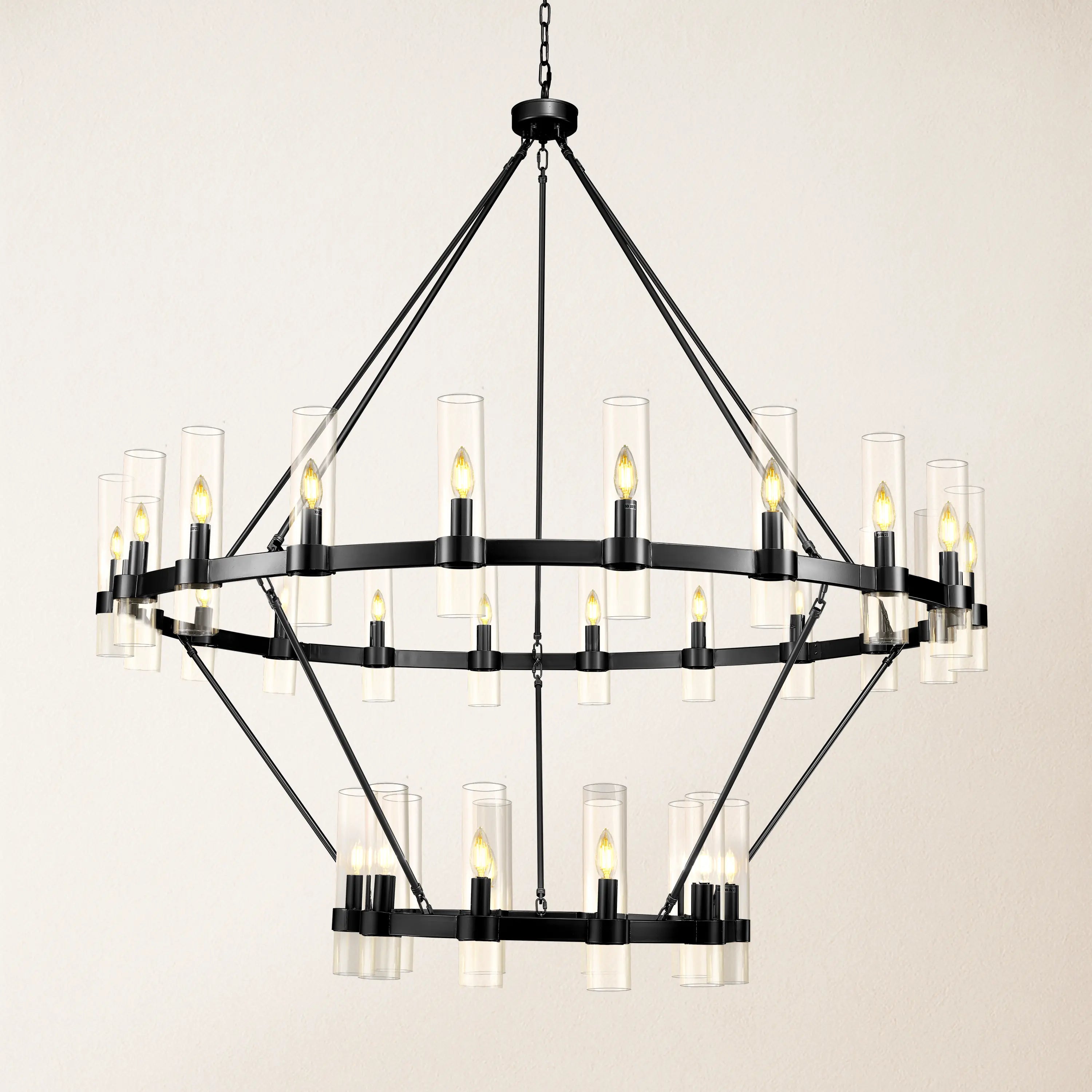 Cylora Glass Tube 2-Tier Round Chandelier 60"D#Finish_Black