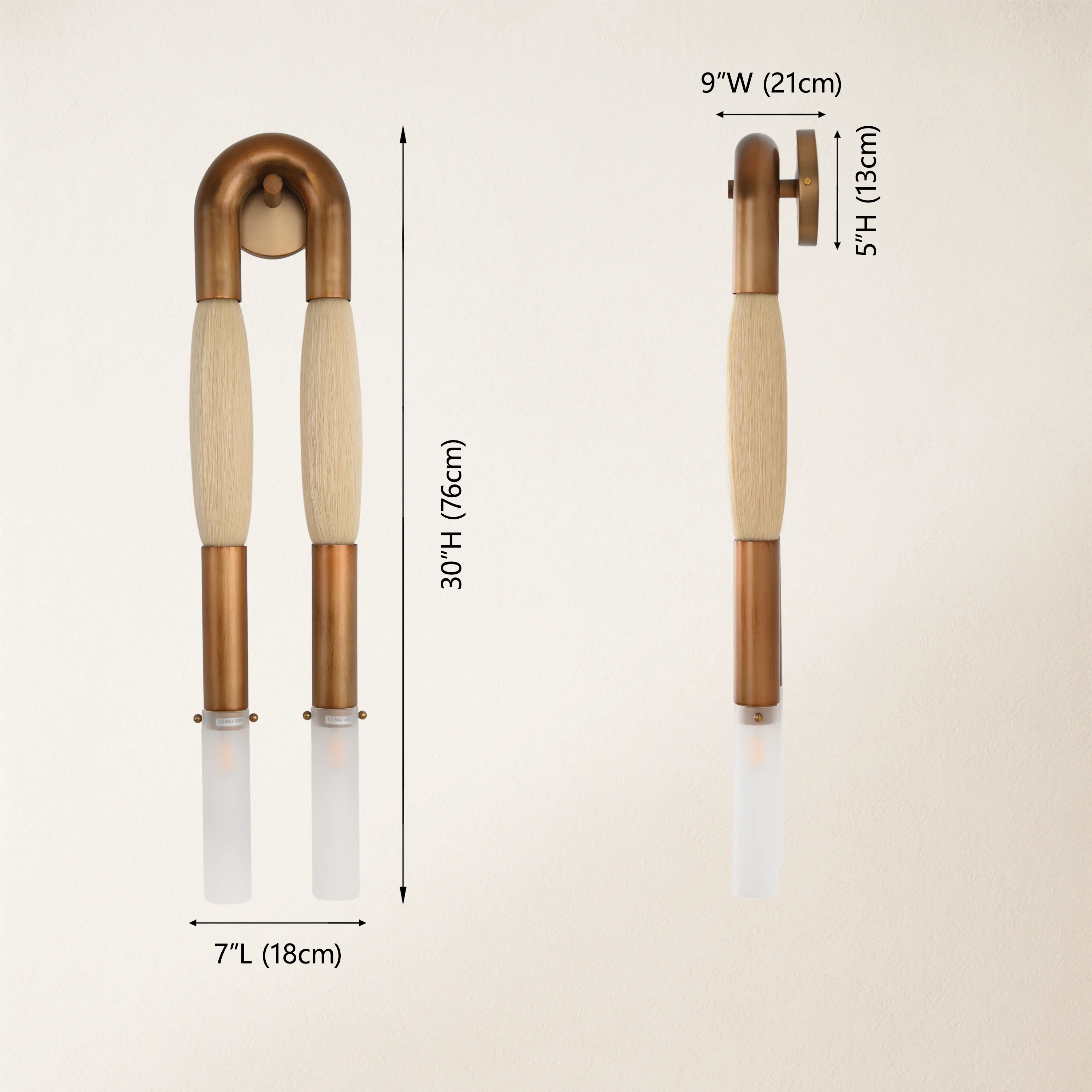 Wandleuchte aus massivem Messing mit Rosshaar, 76,2 cm hoch