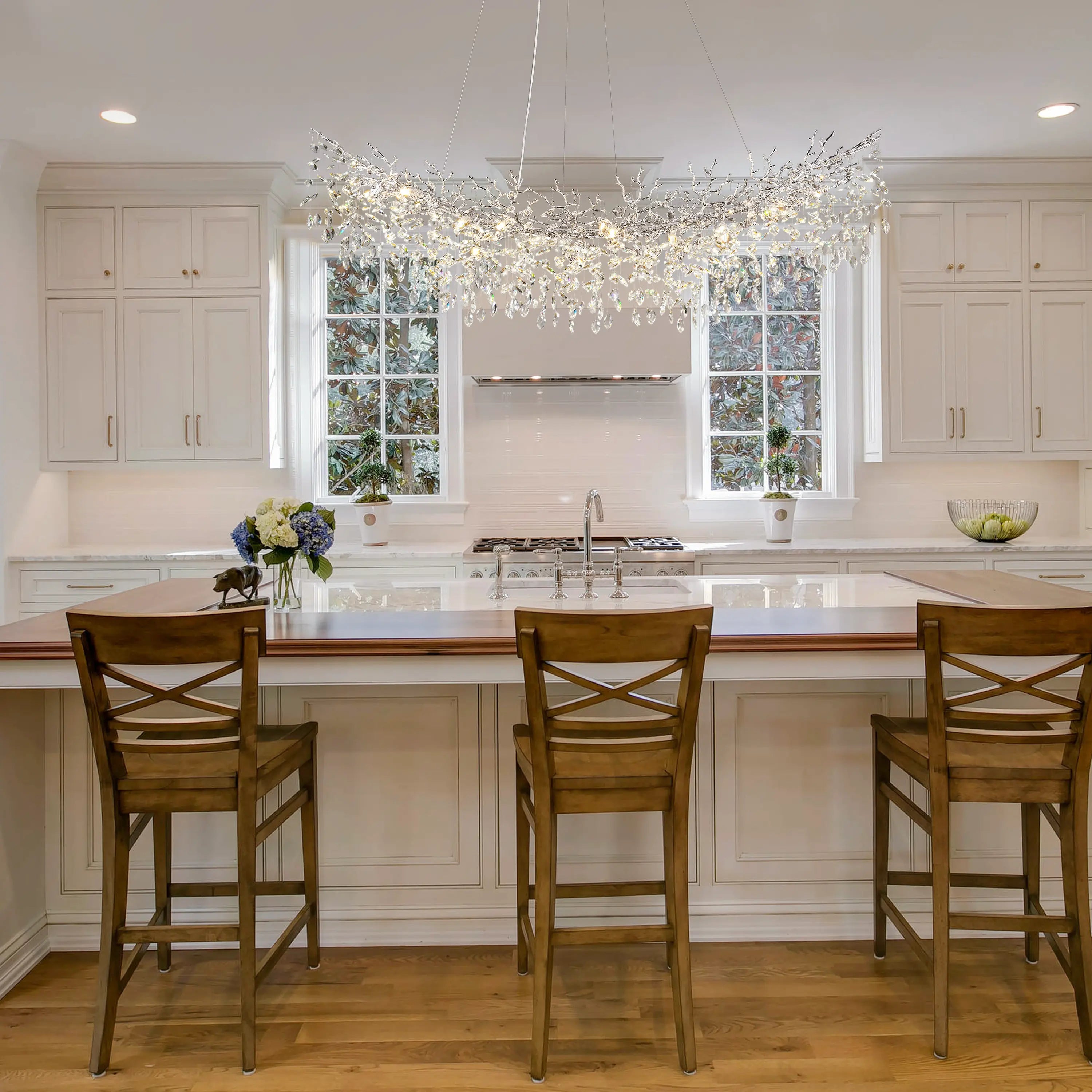 Frostleaf Crystal Cascade Tree Branch Linear Chandelier 72"W#Finish_Silver