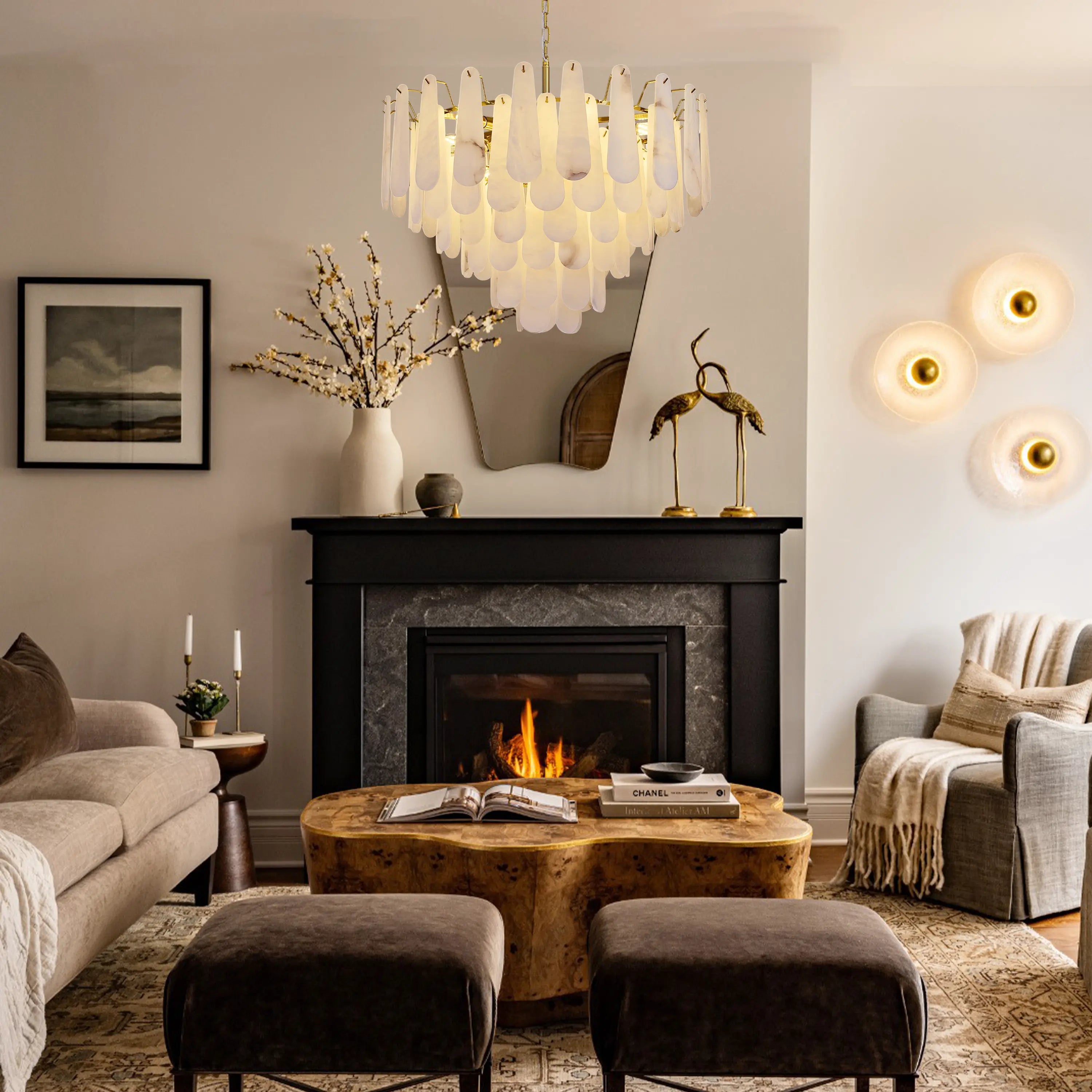 Caldera Alabaster Round Chandelier 32"#Finish_Gold