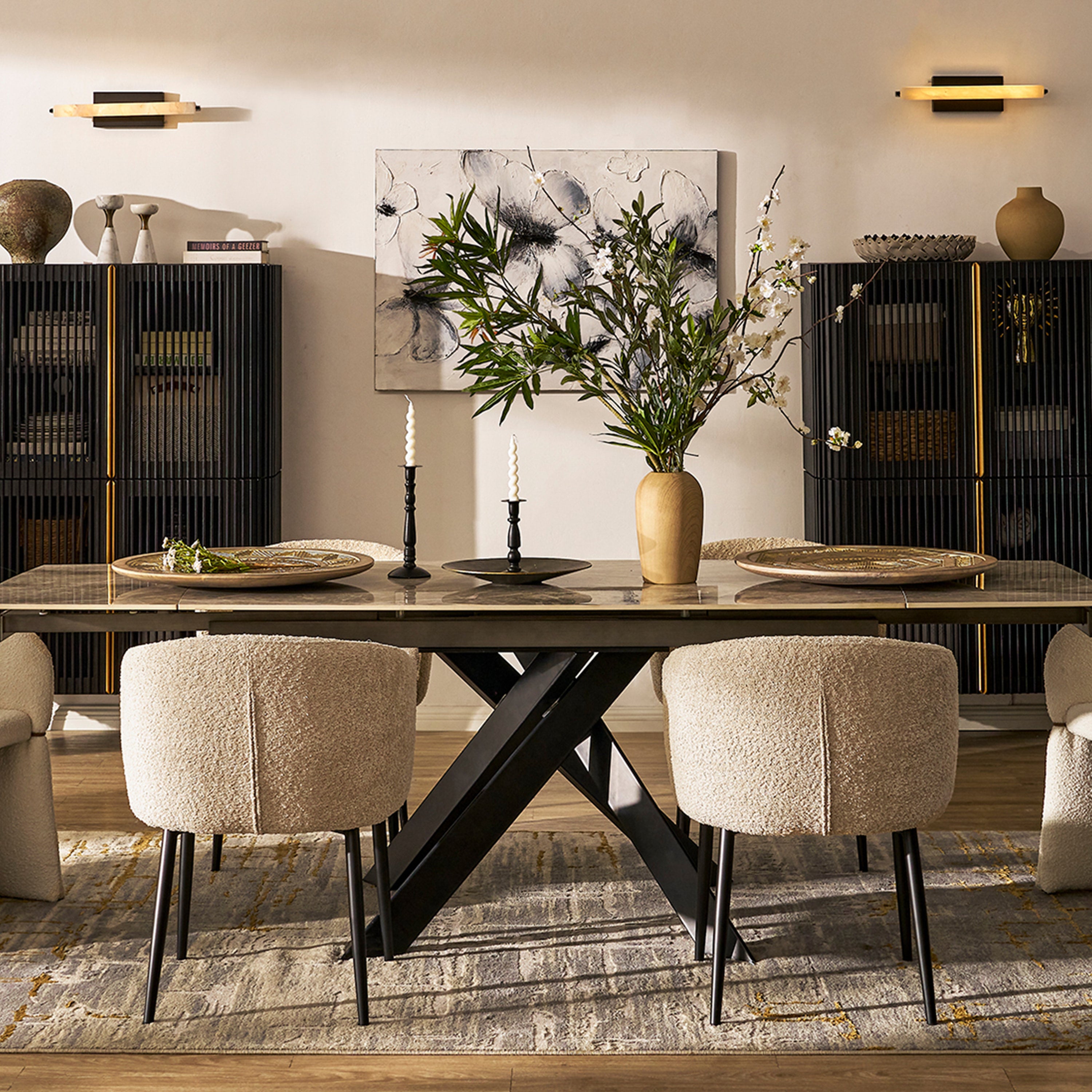 Labarthe Erweiterter rechteckiger Esstisch aus Sinterstein, 160–241 cm