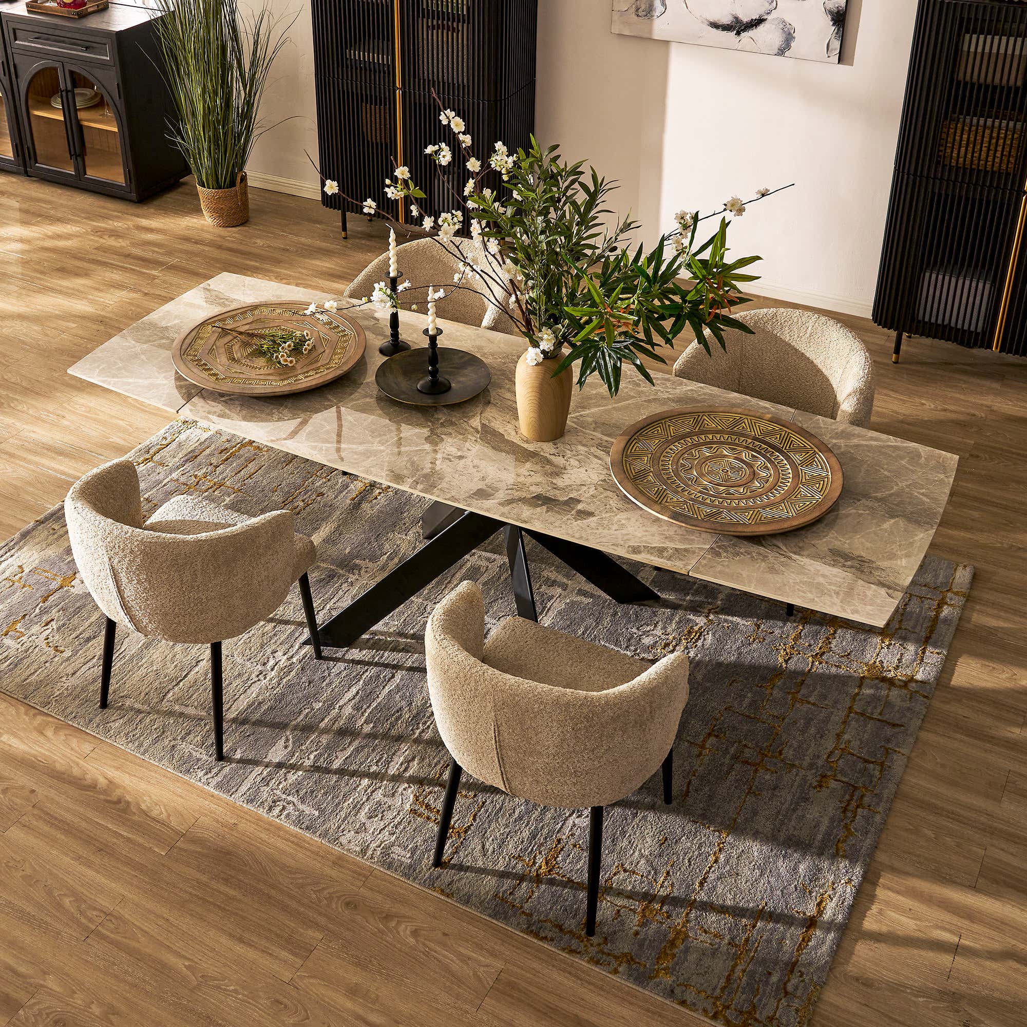 Labarthe Erweiterter rechteckiger Esstisch aus Sinterstein, 160–241 cm