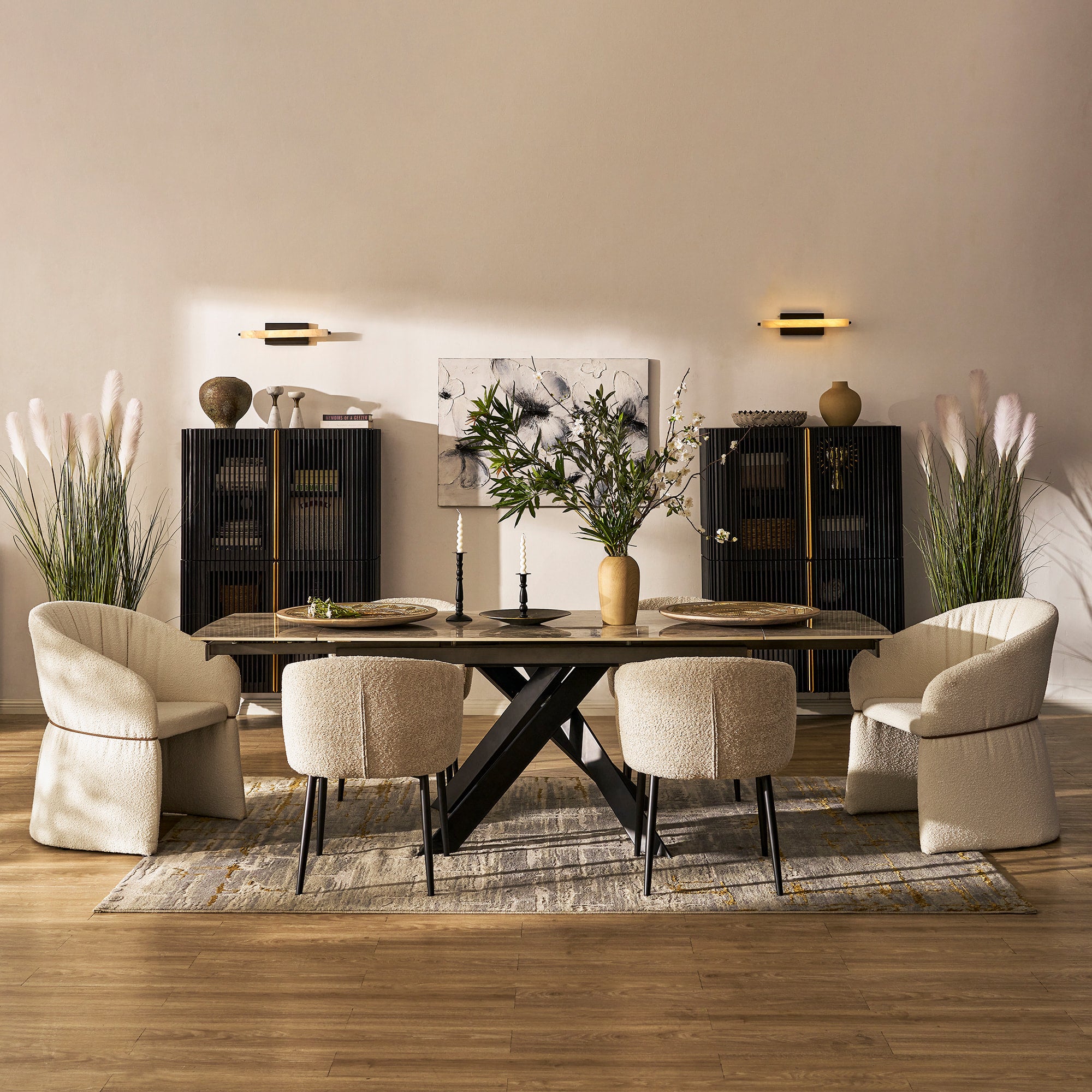 Labarthe Erweiterter rechteckiger Esstisch aus Sinterstein, 160–241 cm