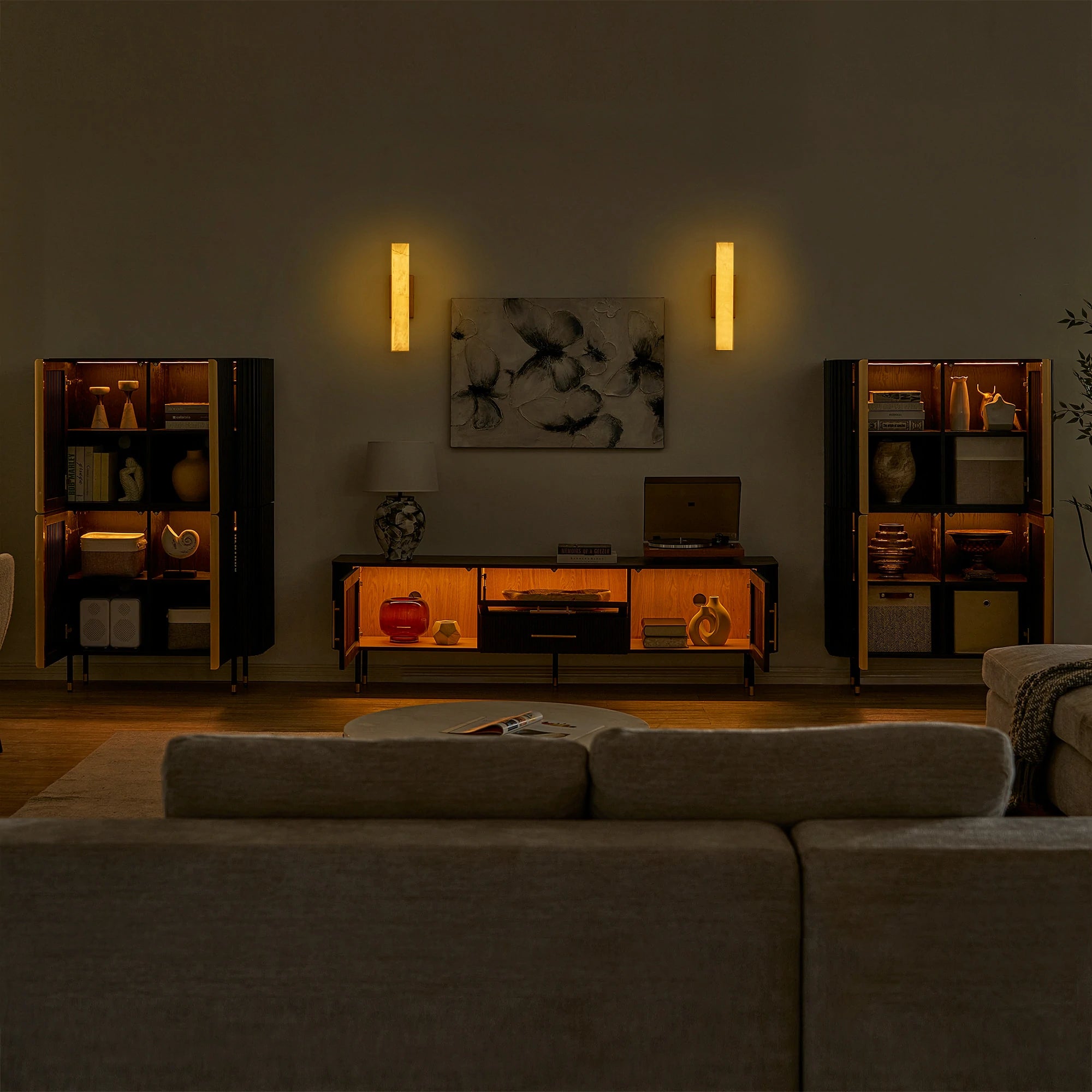 Ewan Oak Media Console and Cabinet Set