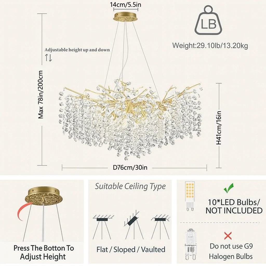Lustre Branches Kristall-Kronleuchter, rund, für alle Räume, 76,2 cm