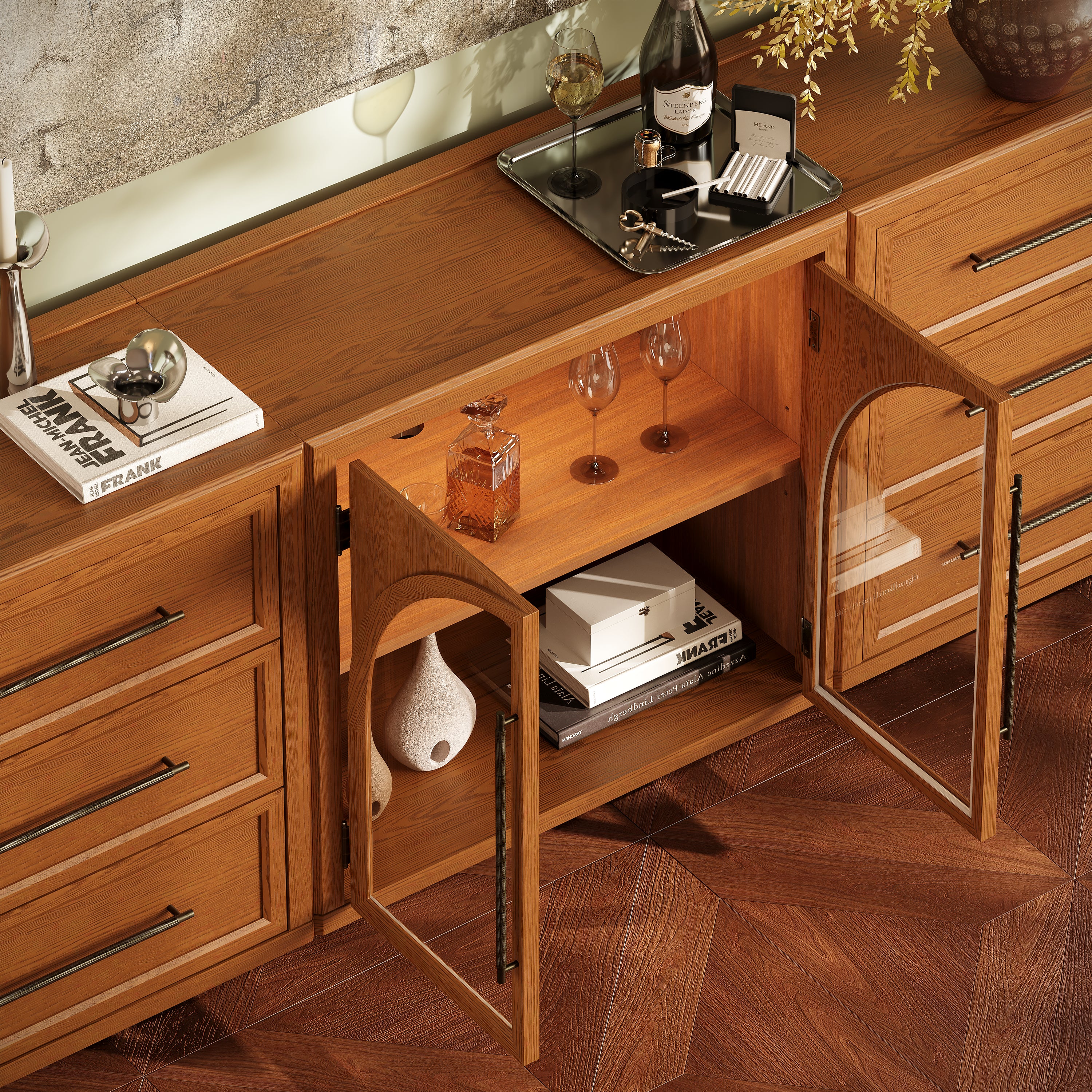 Alvar Arched 94,5″ Modulare Medienkonsole aus Eiche (3er-Set)