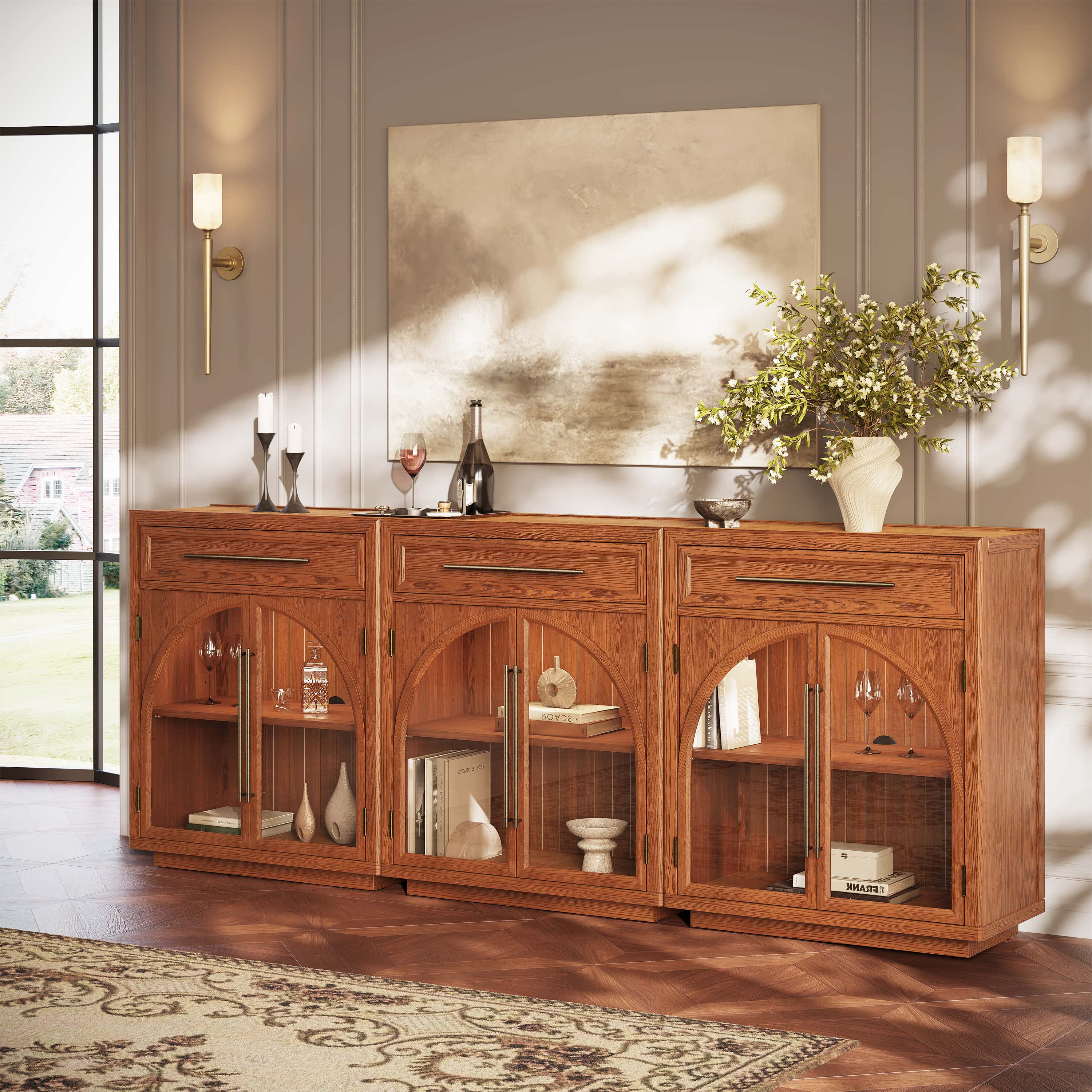 Alvar Arched 94.5" Oak Sideboard with Drawers(Set of 3)