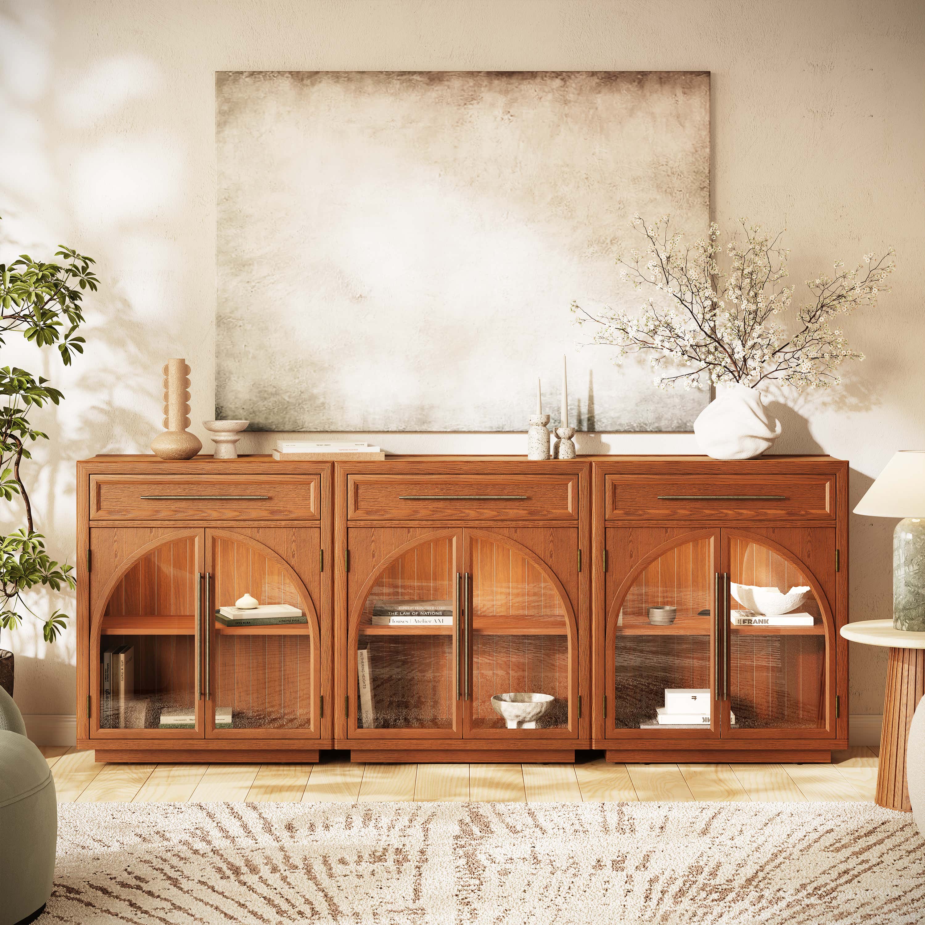 Alvar Arched 94.5" Oak Sideboard with Drawers(Set of 3)