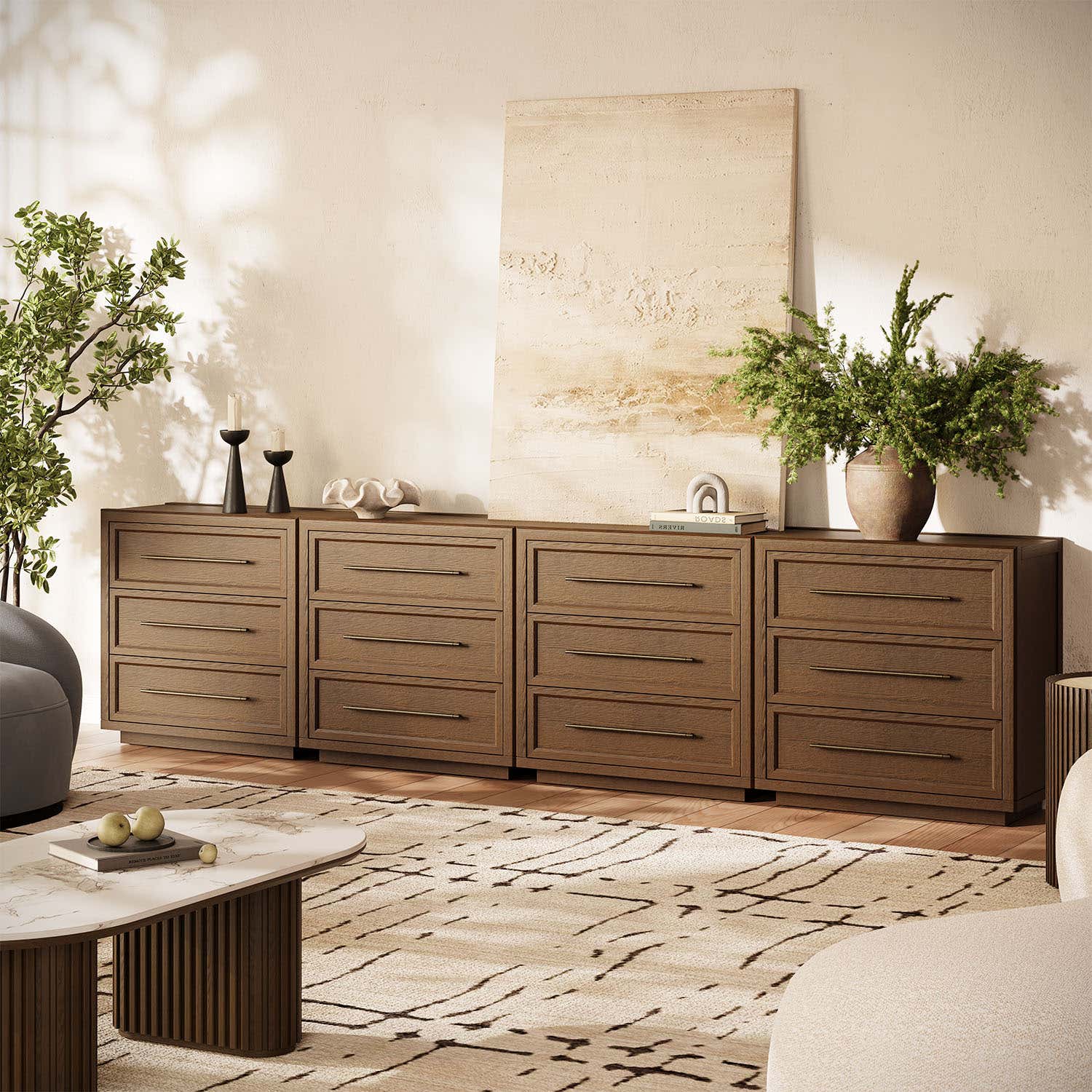 Alvar 126″ Eichenkommode mit 12 Schubladen (4er-Set)