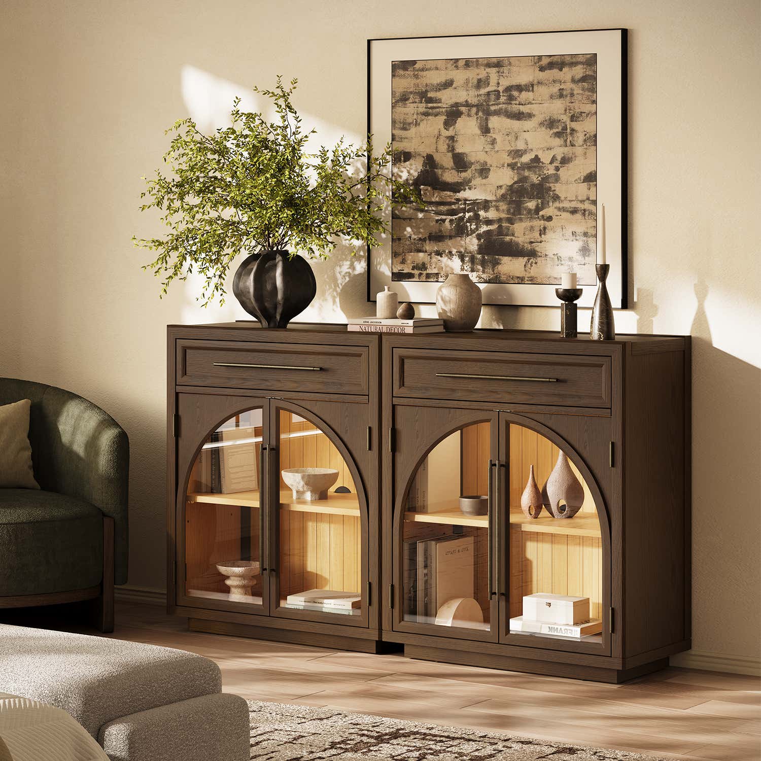 Alvar Arched 94.5" Oak Sideboard with Drawers(Set of 3)