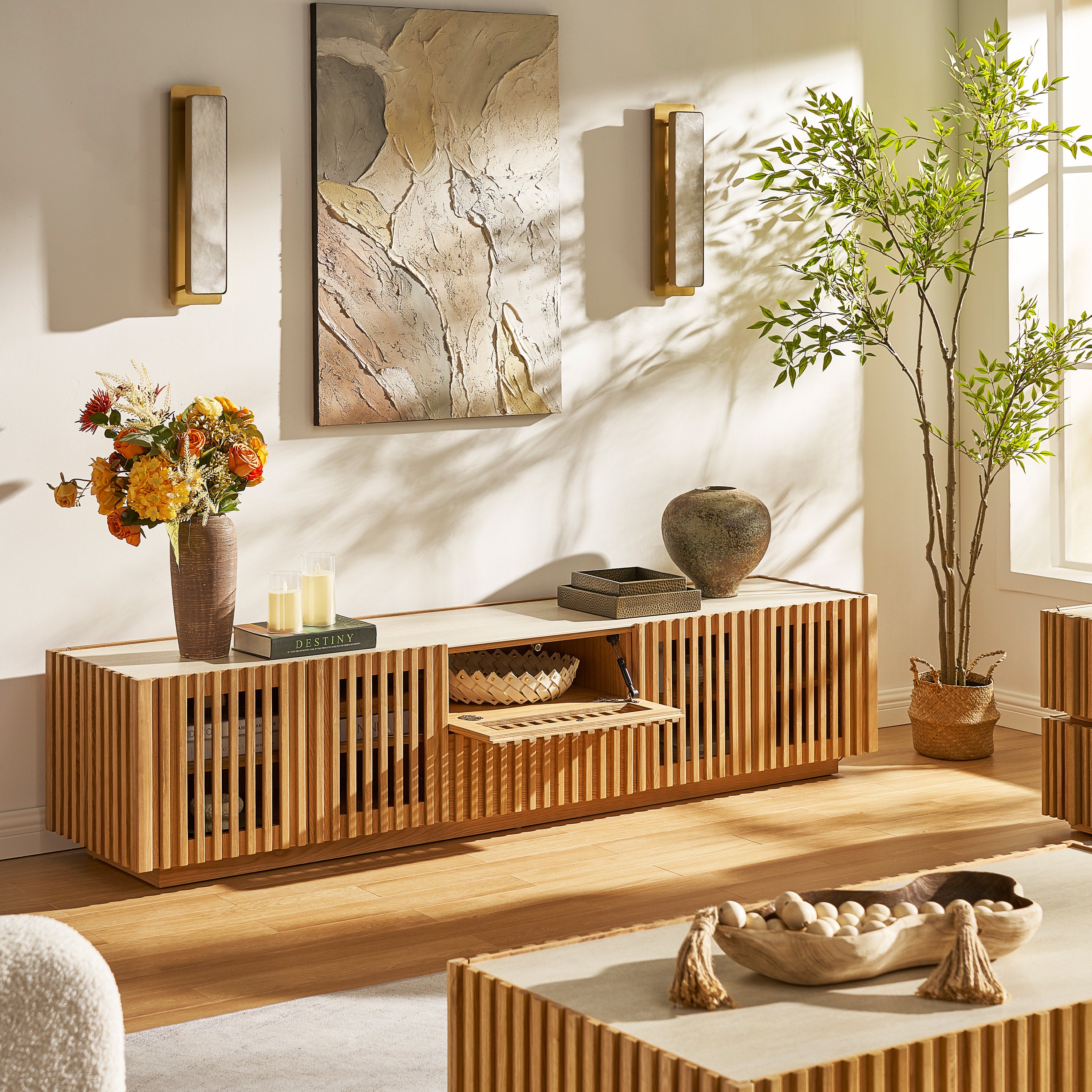 Isla Oak Sintered Stone Media Console And Coffee Table Set