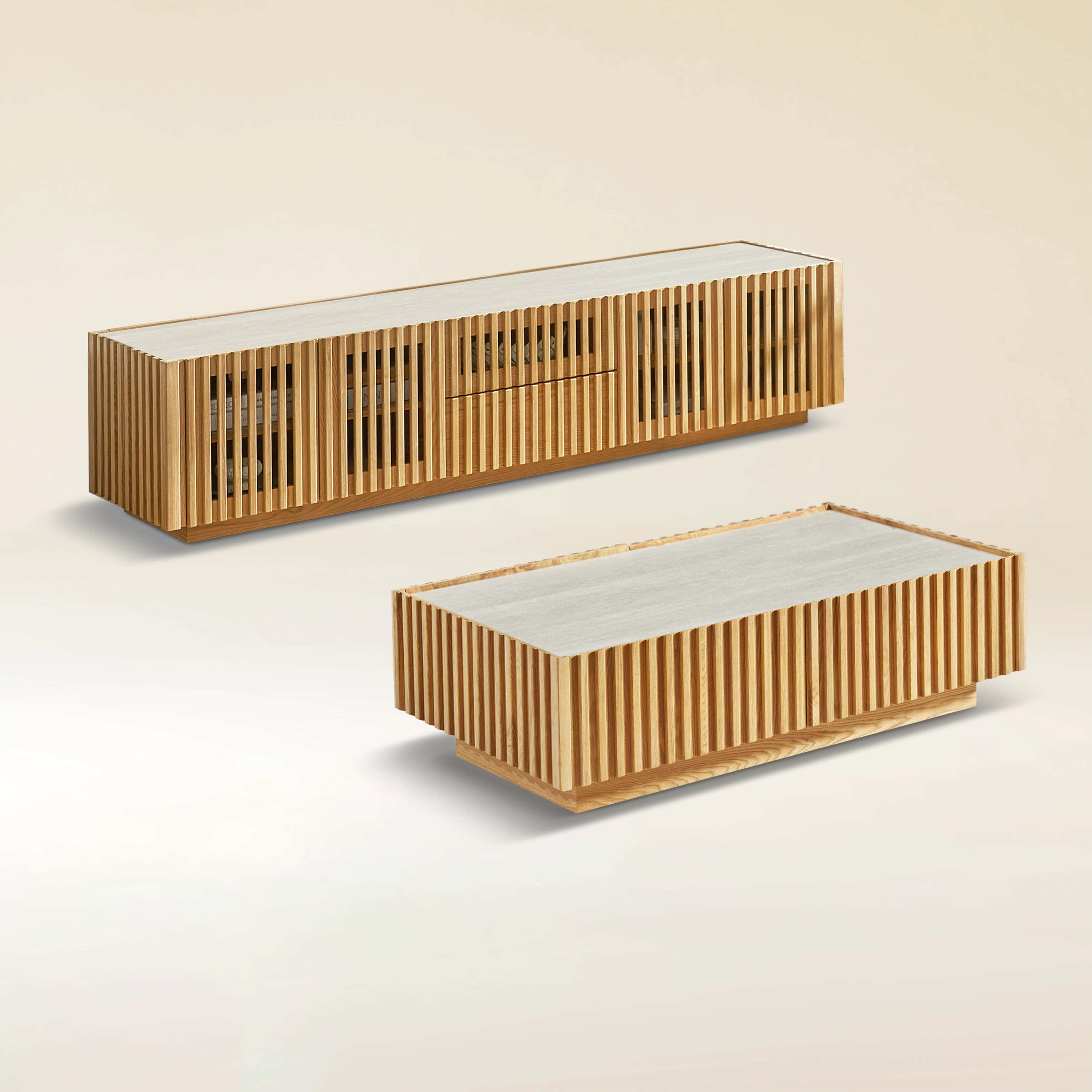 Isla Oak Sintered Stone Media Console And Coffee Table Set