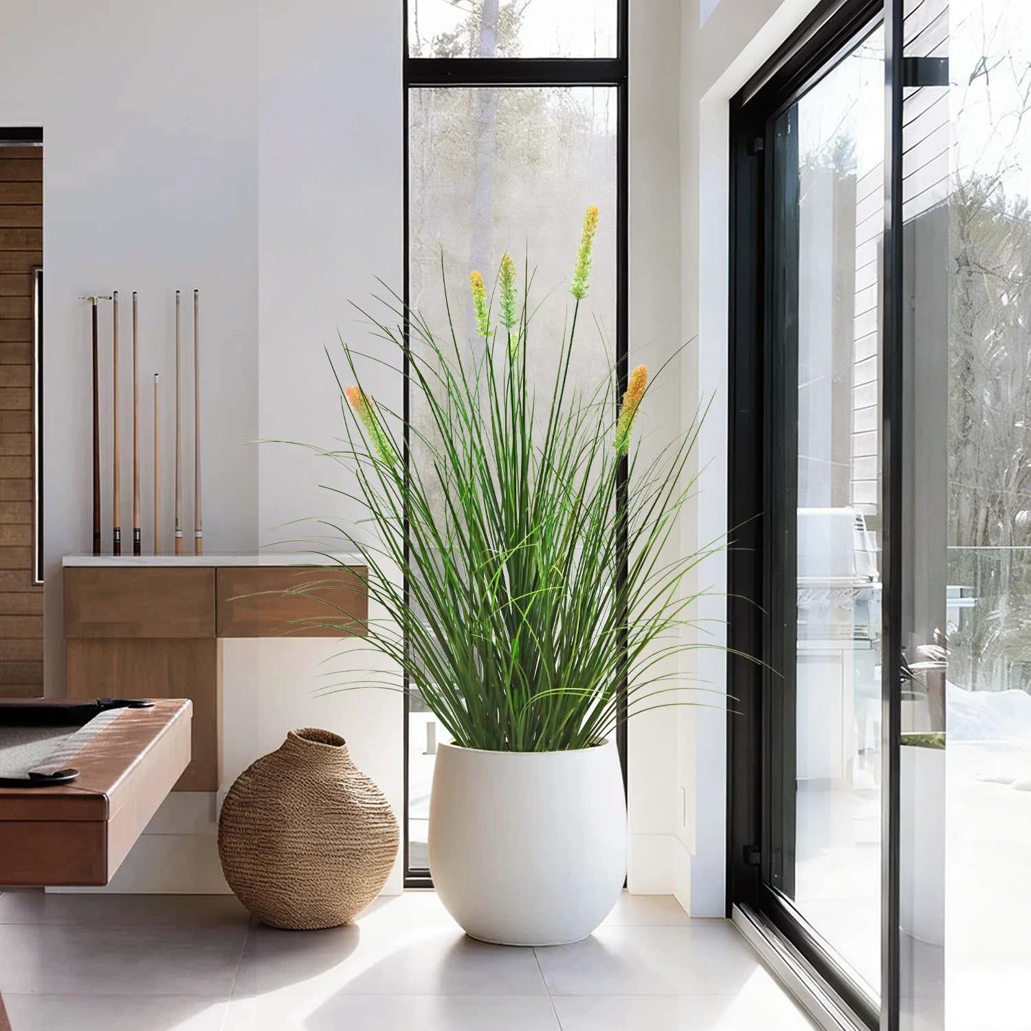 Künstliches 6-köpfiges kurzes Kieferngras mit gebogenem Zwiebelgras-Bonsai, 10,9 cm hoch