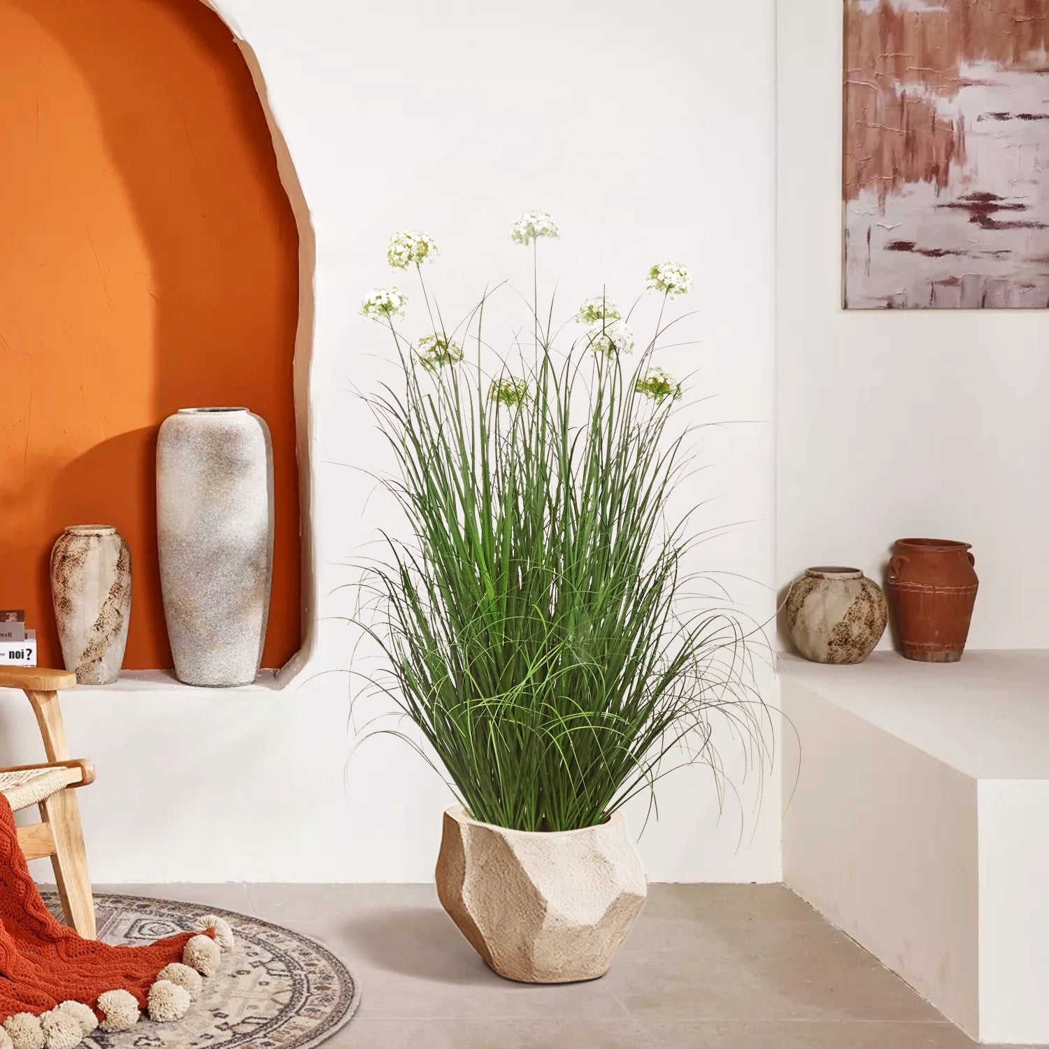 Artificial 9-Head Hydrangea with Curved Onion Grass Bonsai 55"H