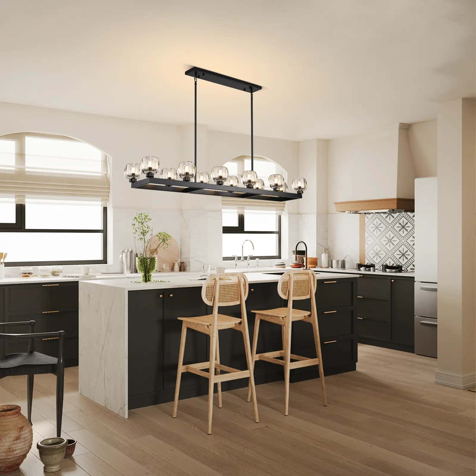 Vellum Rectangular Chandelier 68"W#Finish_Black