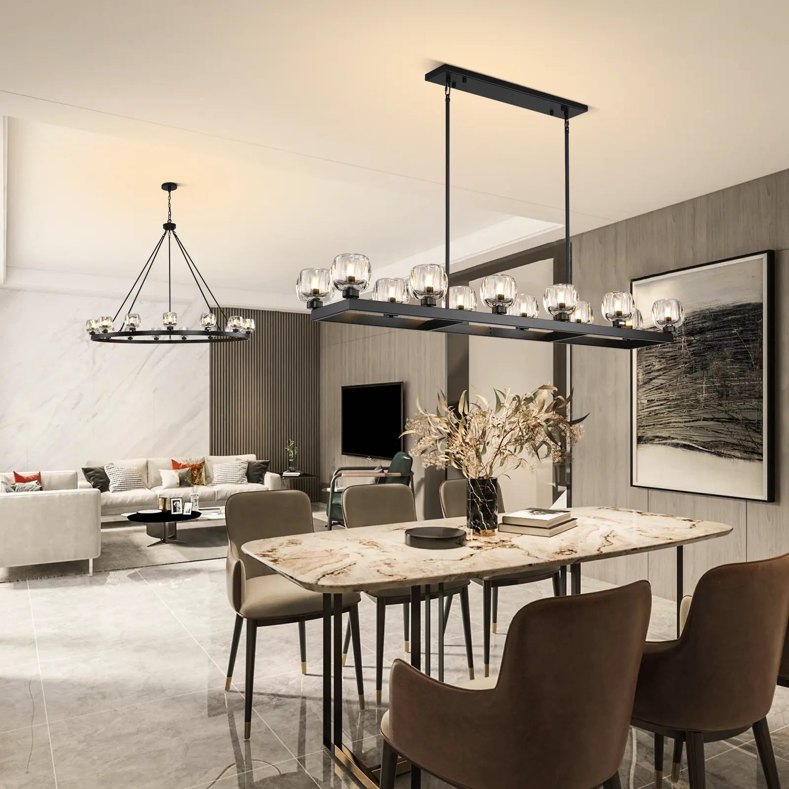 Vellum Rectangular Chandelier 68"W#Finish_Black