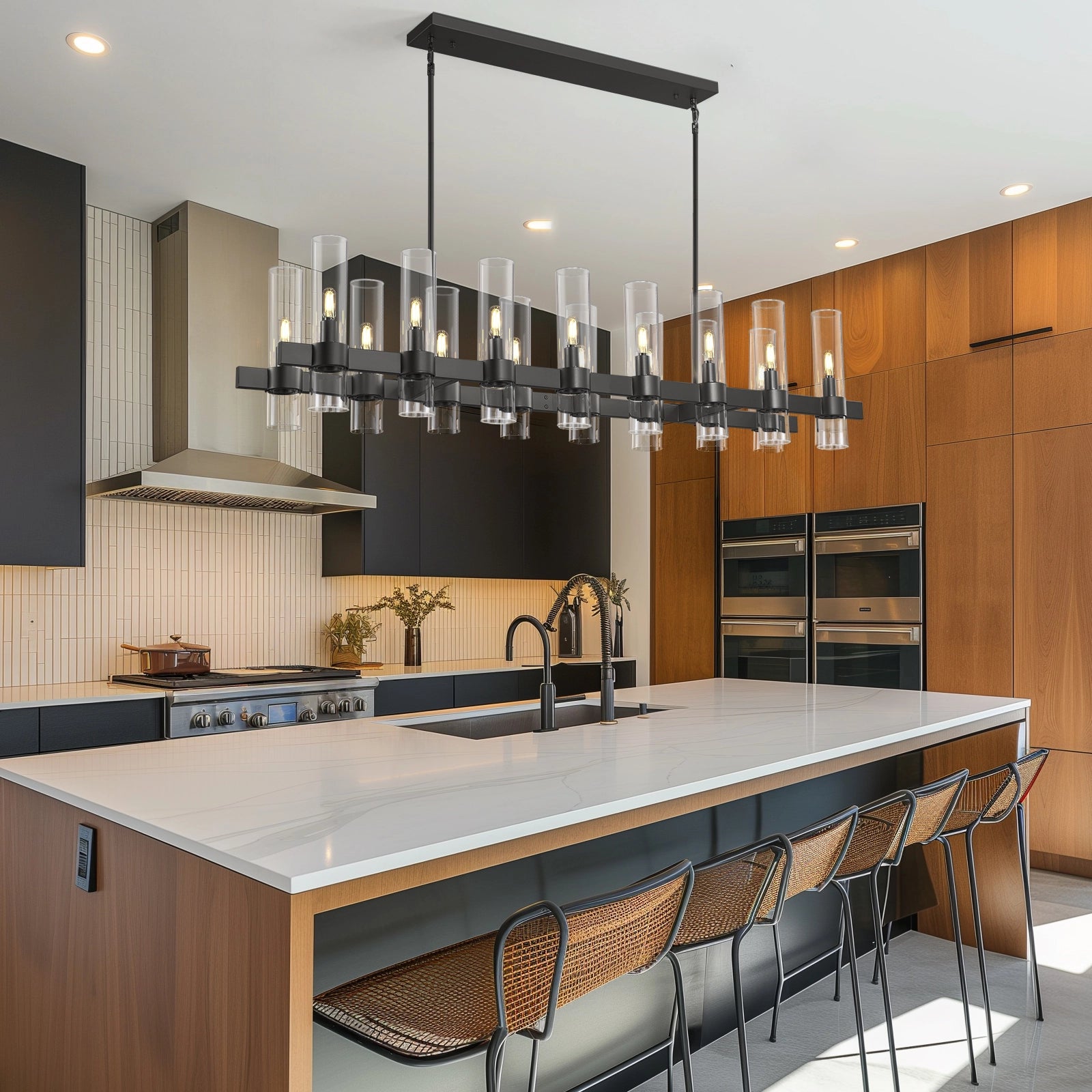 Cylora Glass Tube Rectangular Chandelier 68"W#Finish_Black