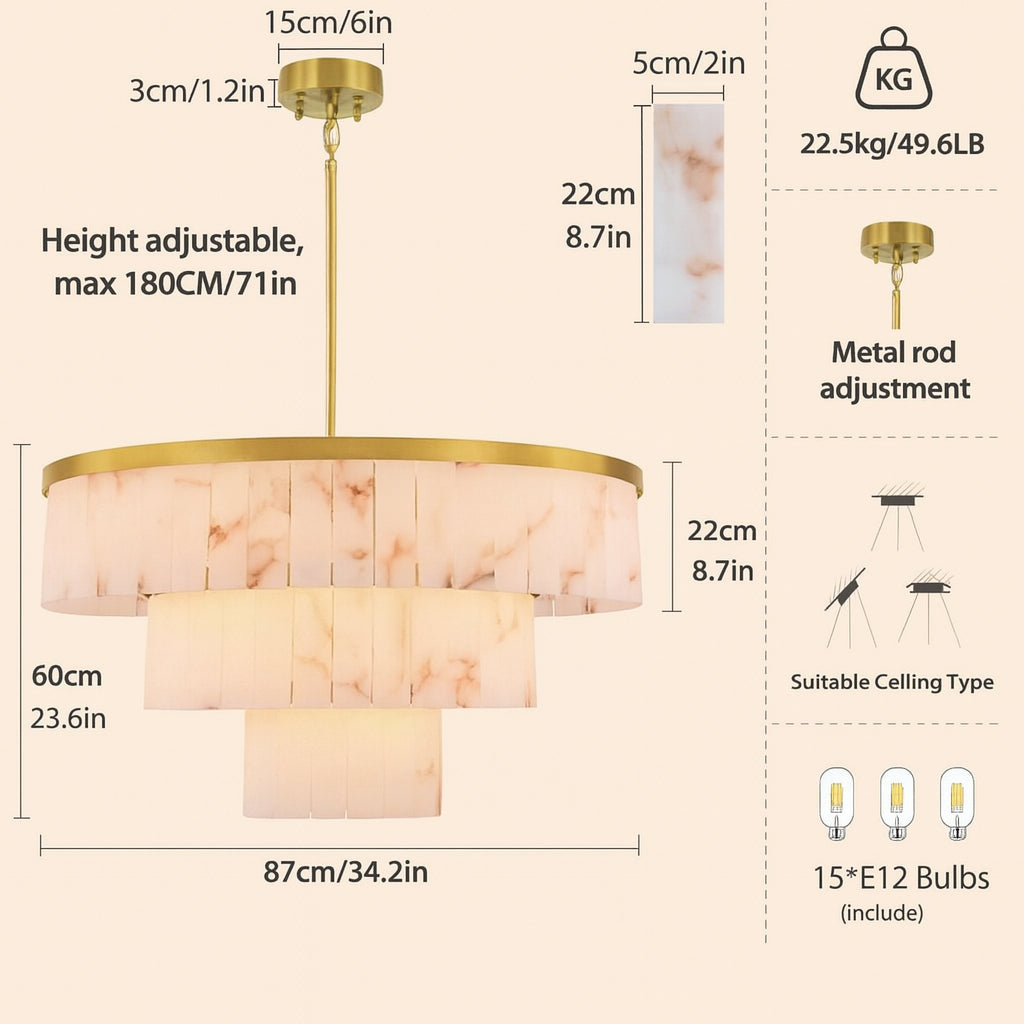 Solmare Alabaster Round Chandelier 34"#Finish_Gold