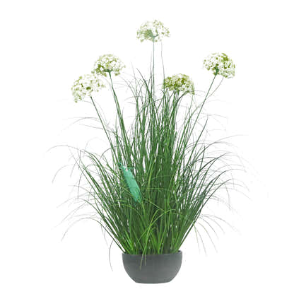 Künstliche Hortensie mit 5 Köpfen und gebogenem Zwiebelgras-Bonsai, 19 cm hoch