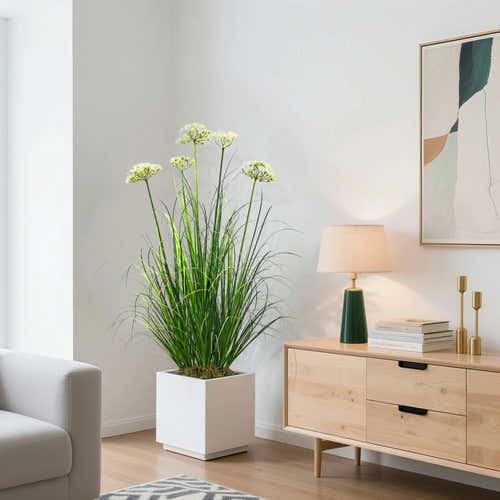 Künstliche 5-köpfige Spitzenblume mit gebogenem Zwiebelgras-Bonsai, 17 cm hoch