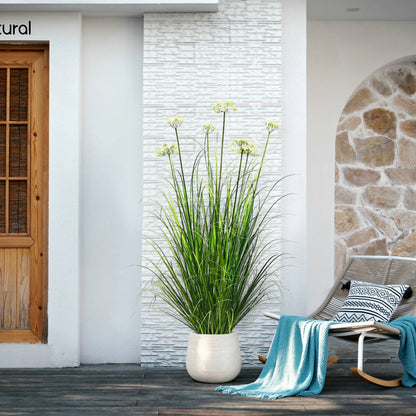 Künstliche 7-köpfige Spitzenblume mit gebogenem Zwiebelgras-Bonsai, 17,8 cm hoch