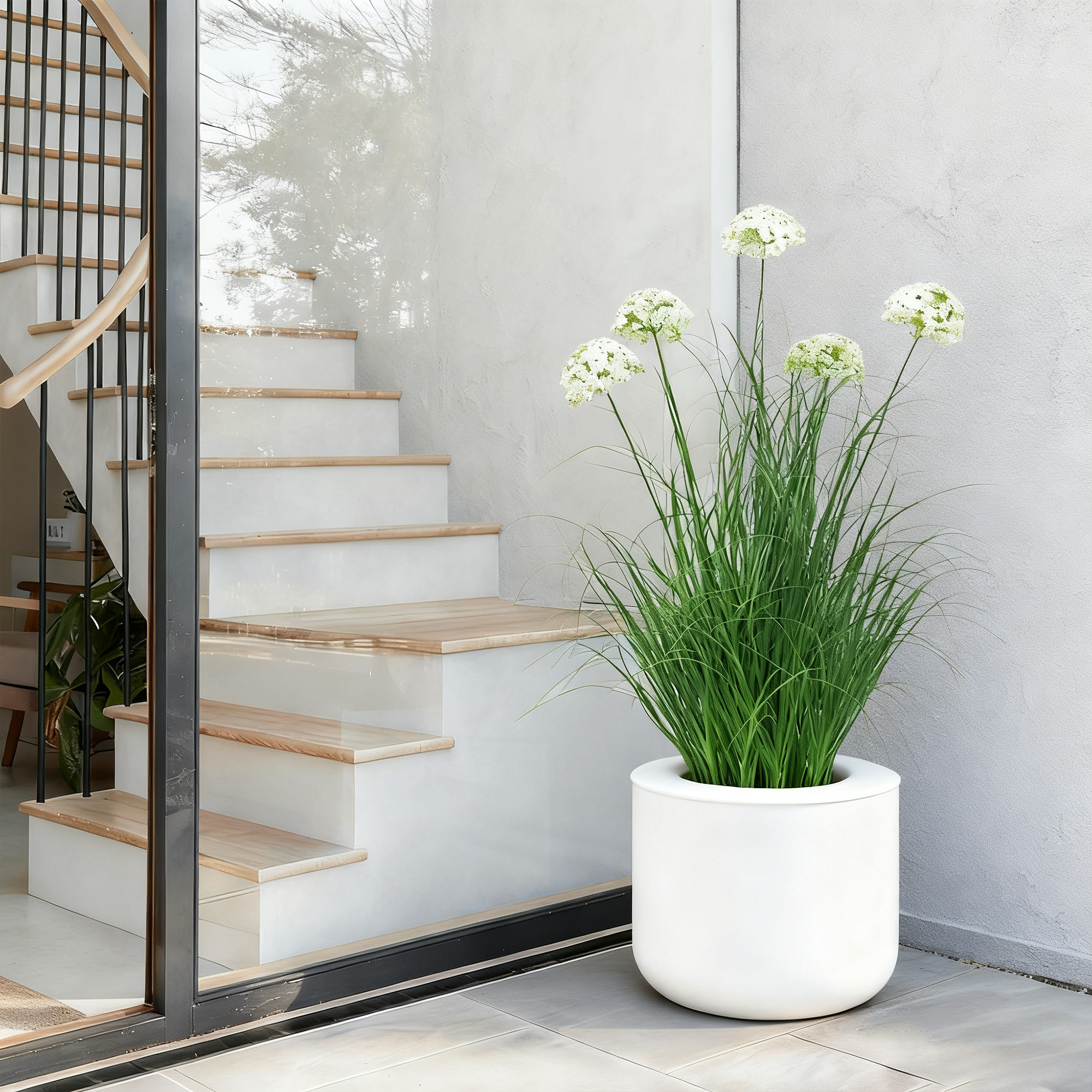 Artificial 5-Head Hydrangea with Curved Onion Grass Bonsai 35"H