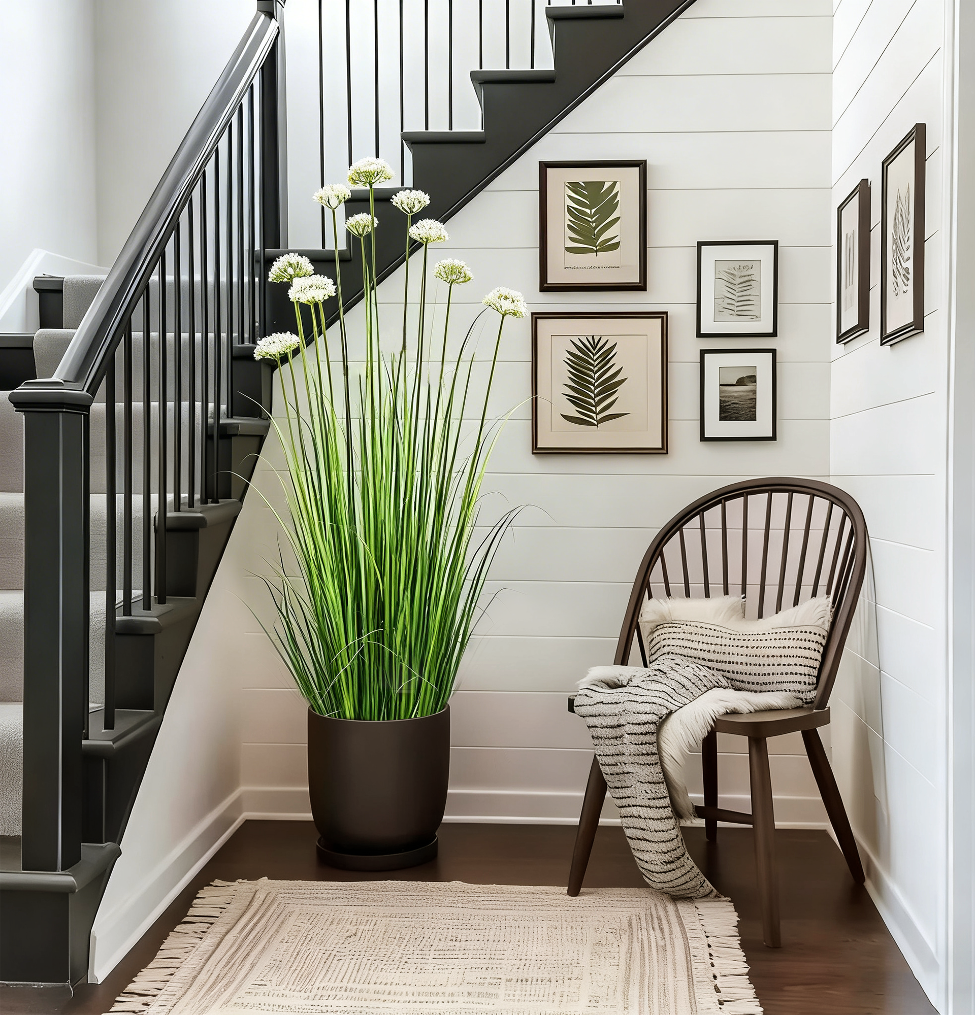 Künstliche 10-köpfige Spitzenblume mit gebogenem Zwiebelgras-Bonsai, 22,9 cm hoch