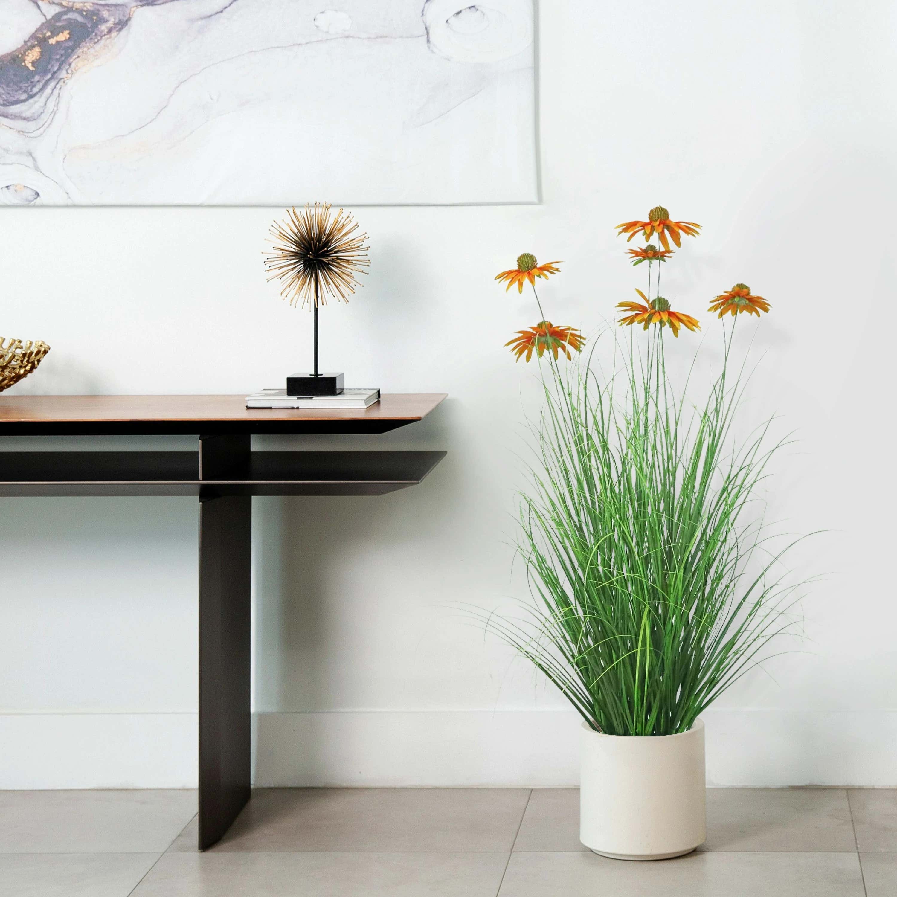 Künstliche 6-köpfige Chrysantheme mit gebogenem Zwiebelgras-Bonsai, 14 cm hoch