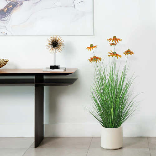 Künstliche 6-köpfige Chrysantheme mit gebogenem Zwiebelgras-Bonsai, 14 cm hoch