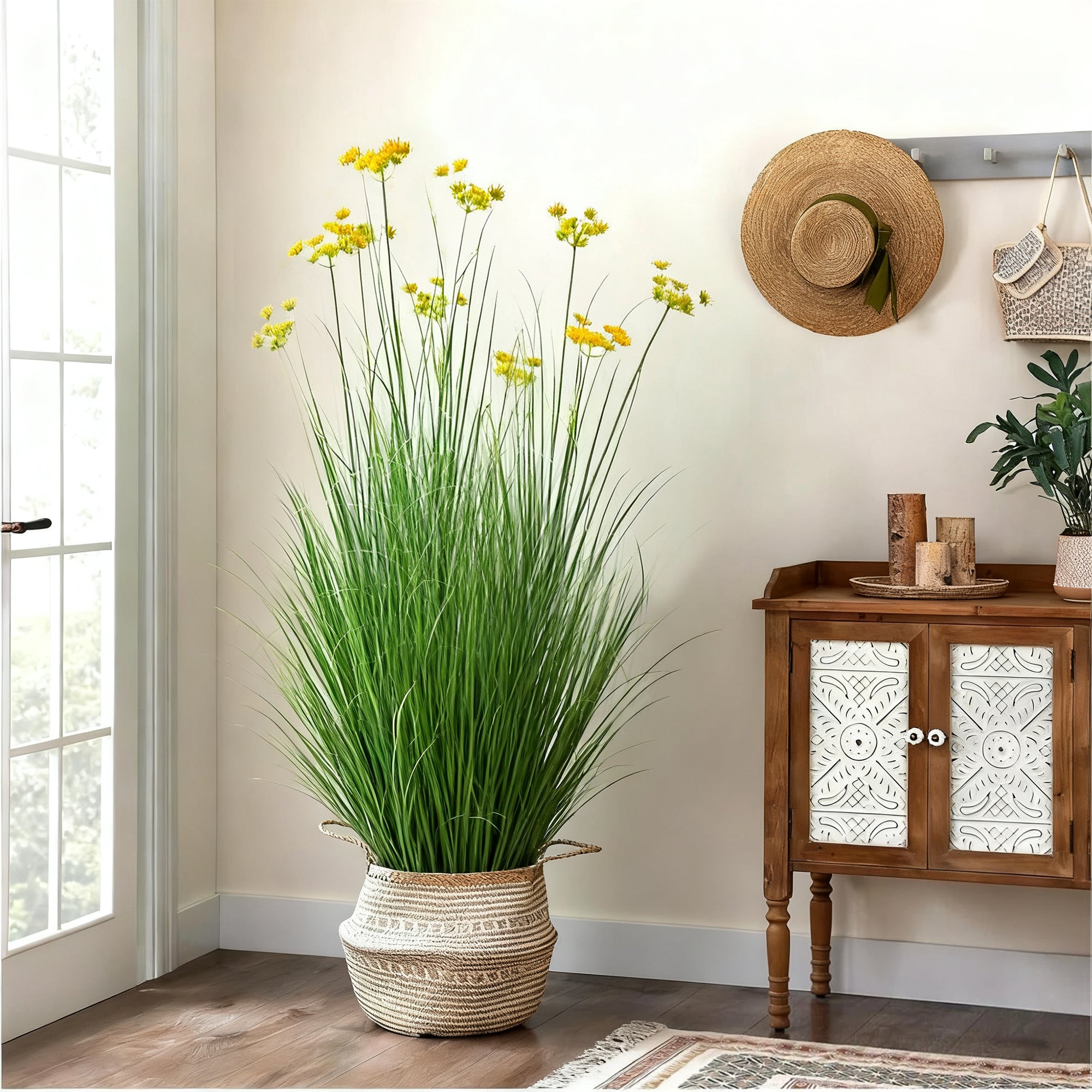 Artificial 11-Head Carrot Flower with Curved Onion Grass Bonsai 55"H