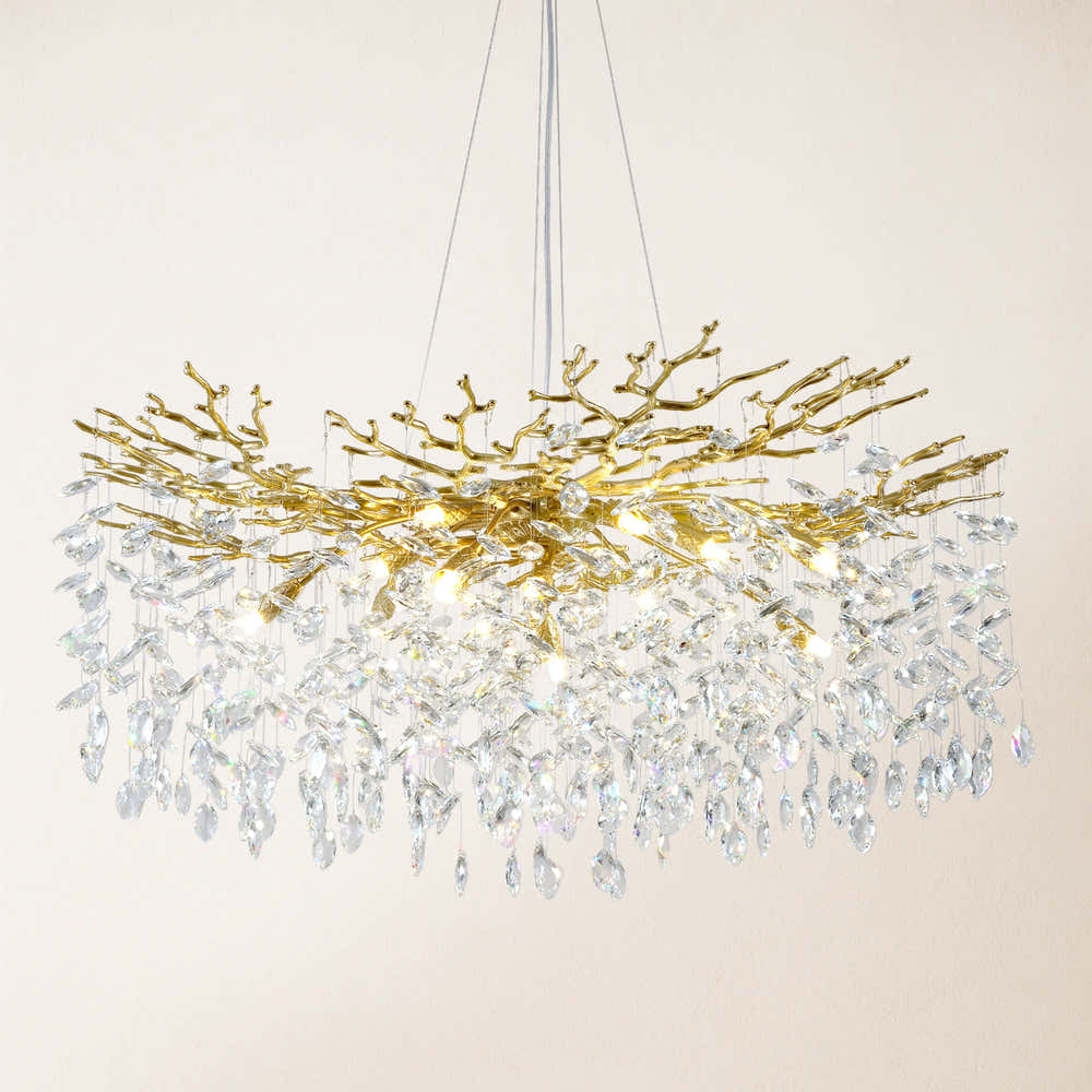 Frostleaf Crystal Cascade Branch Round Chandelier 40"D#Finish_Gold