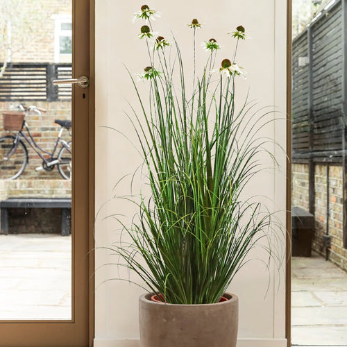 Artificial 9-Head Chrysanthemum with Curved Onion Grass Bonsai 55"H